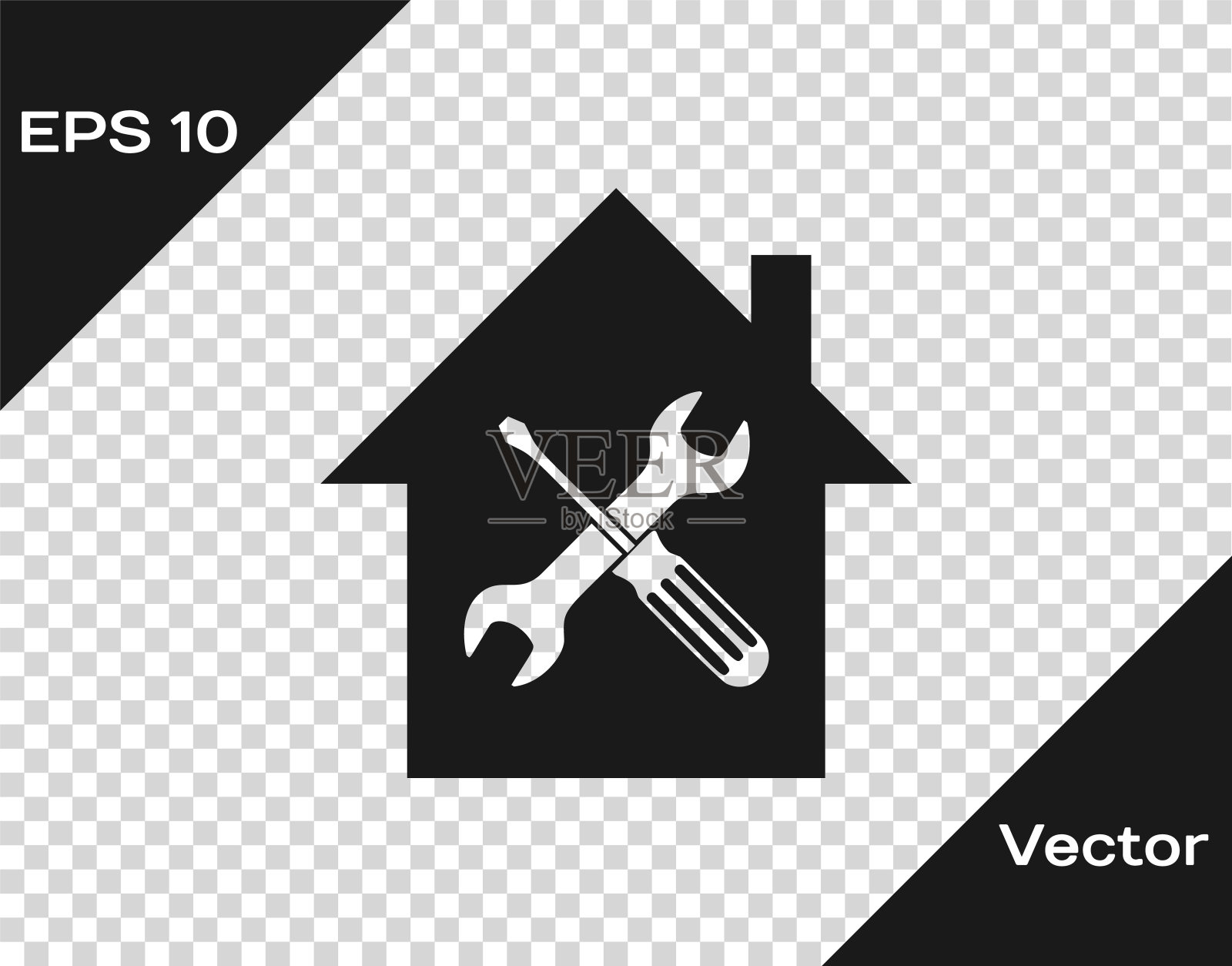 灰色房子或家庭与螺丝刀和扳手图标隔离在透明的背景。调整、维修、设置、维护、修理、固定。矢量图插画图片素材