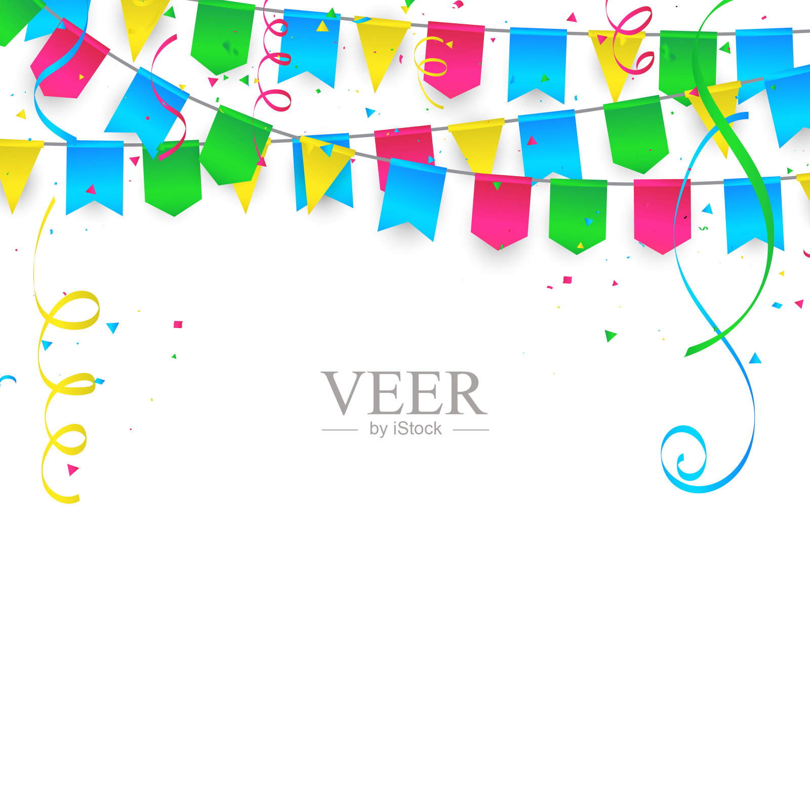 庆典背景模板与旗帜五彩缤纷的丝带框架。豪华问候富卡。插画图片素材