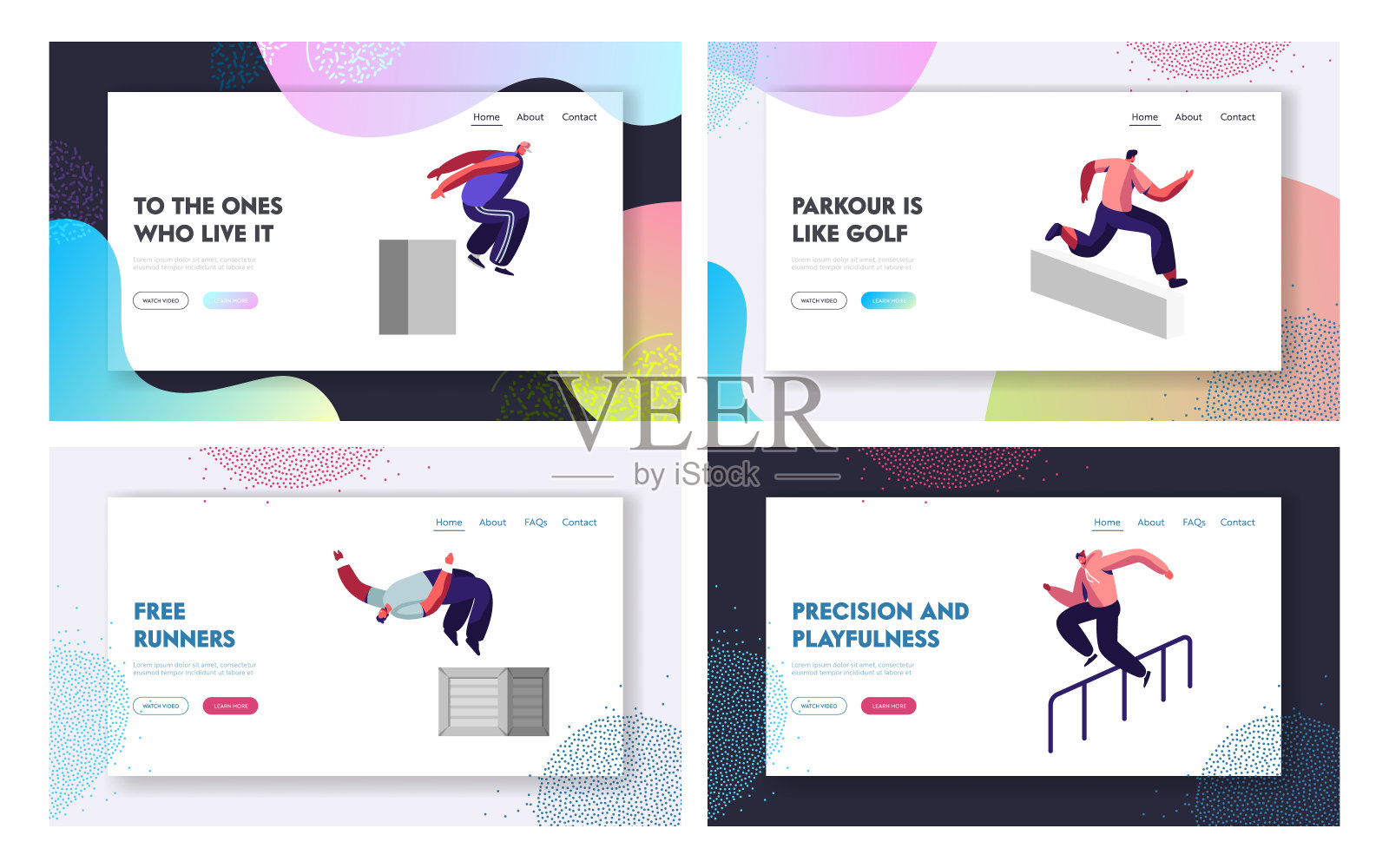 跑酷在城市网站登陆页面设置。采购产品年轻人跳过墙和障碍，城市运动，积极的生活方式，体育活动，在街道网页上的技巧。卡通平面矢量插图，旗帜插画图片素材