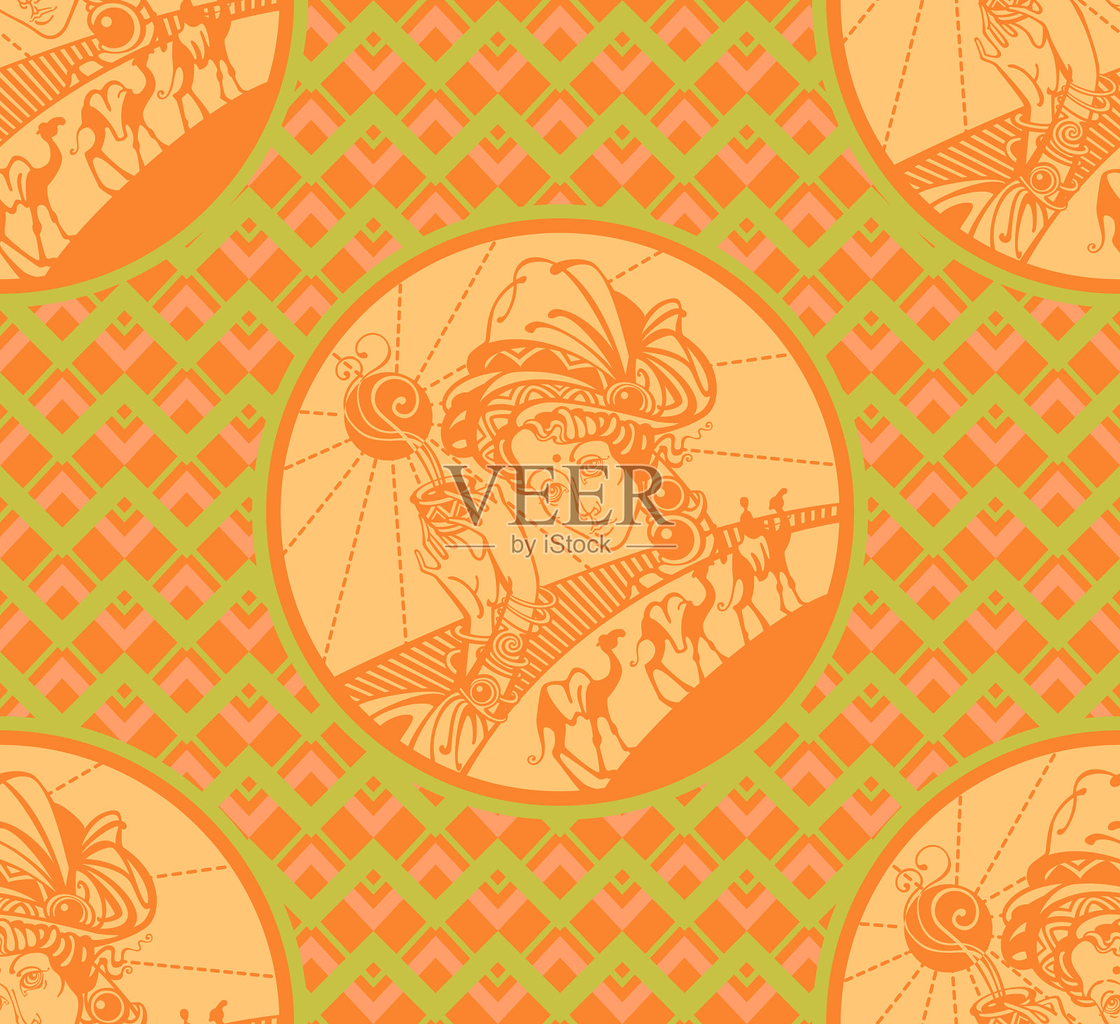 商队。戴着头巾的女孩和一杯热茶。无缝图案。插画图片素材