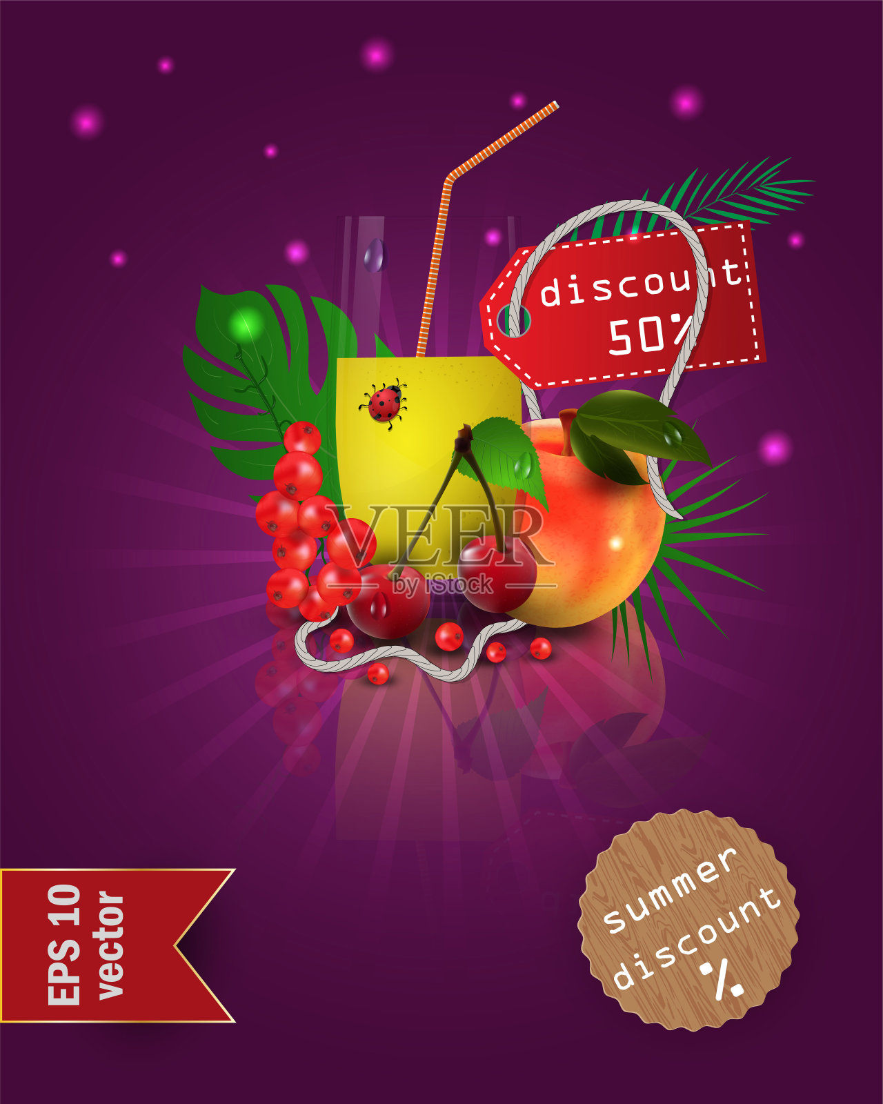 带有水果和浆果汁的_11_glass的插图，站在树叶之间的镜面上，带有夏季标签和折扣，EPS 10插画图片素材