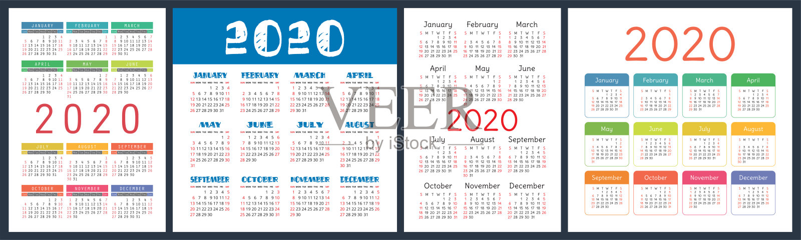 日历2020年设定。新年。矢量正方形和垂直压延机设计模板。英语集合。一周从周日开始设计模板素材