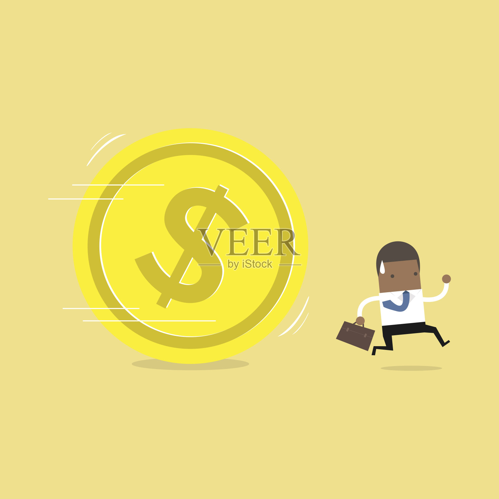 非洲商人逃离巨大的黄金美元硬币。插画图片素材