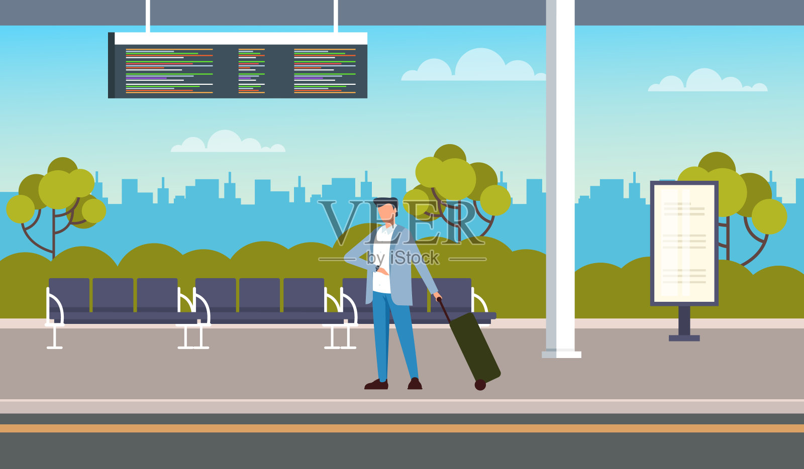 商人游客在公交车站等车。运输的概念。矢量平面卡通图形设计插图插画图片素材