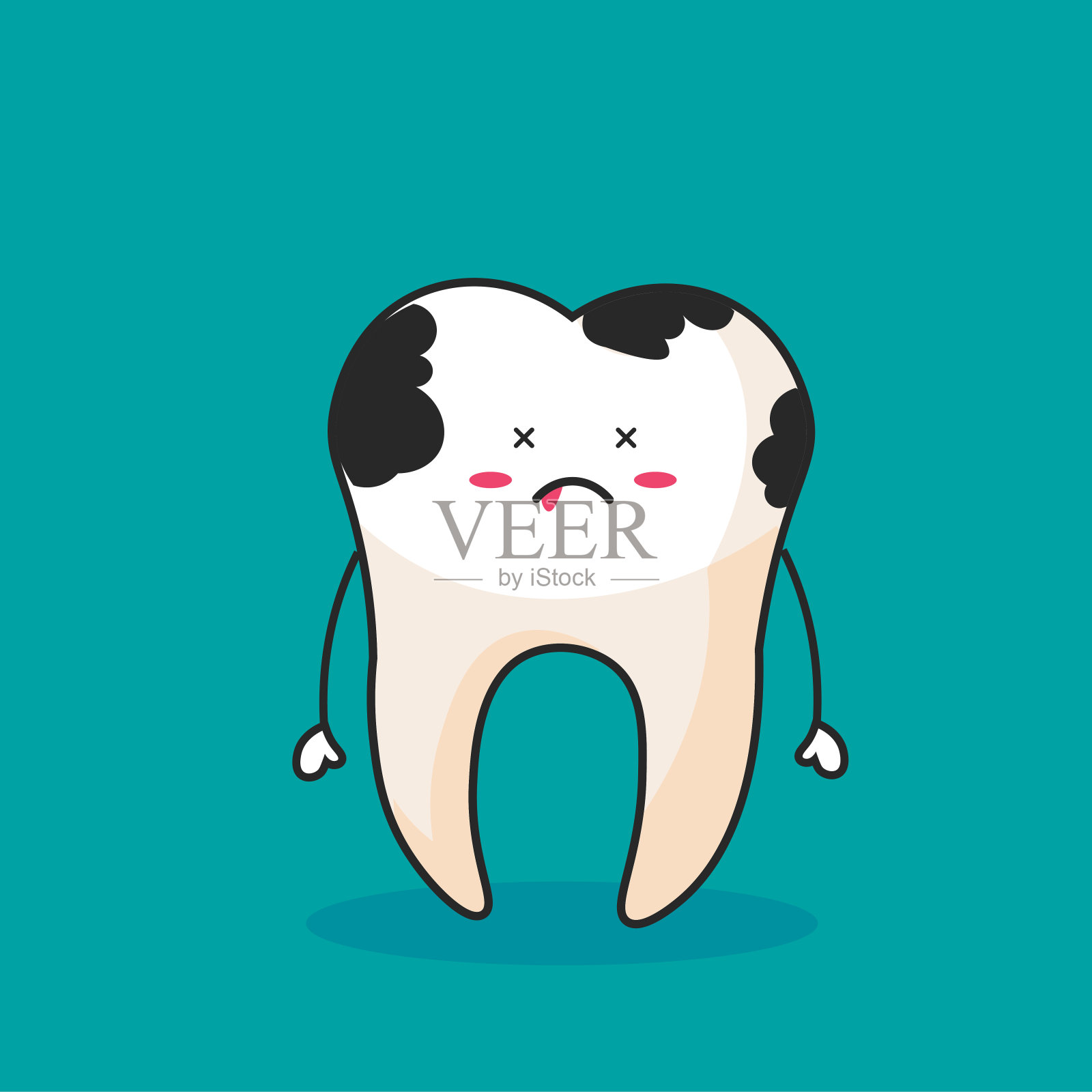 小牙医帮人清洁、治疗大的不健康牙菌斑和龋齿洞。牙科医生刷牙、洗牙、钻牙菌斑和蛀牙。平面向量插图插画图片素材