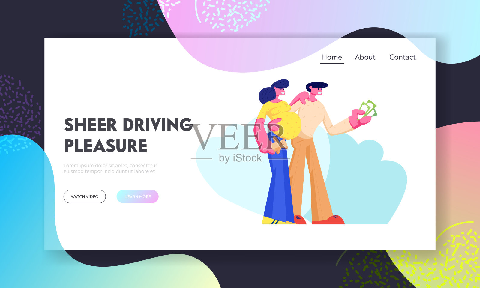 消费者手里拿着钱买汽车。年轻夫妇男人和怀孕的女人字符买新车，快乐购买，网站登陆页，网页。卡通平面矢量插图，旗帜插画图片素材