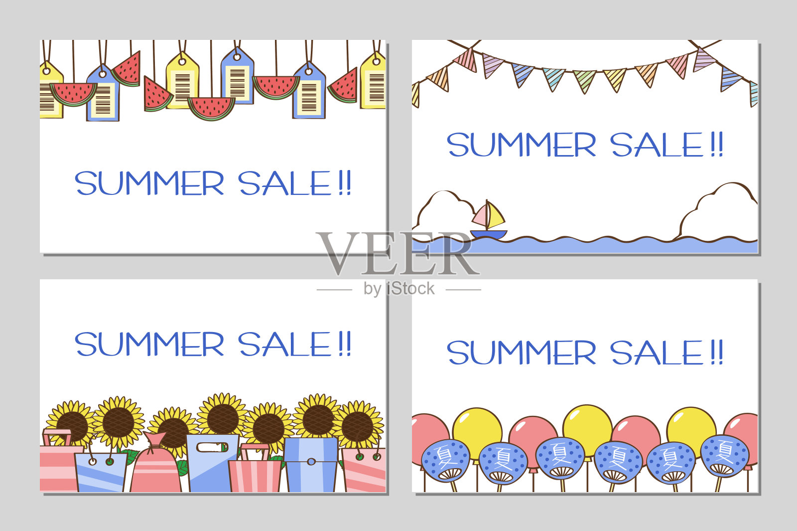 夏季销售的线条风格卡片的插图插画图片素材