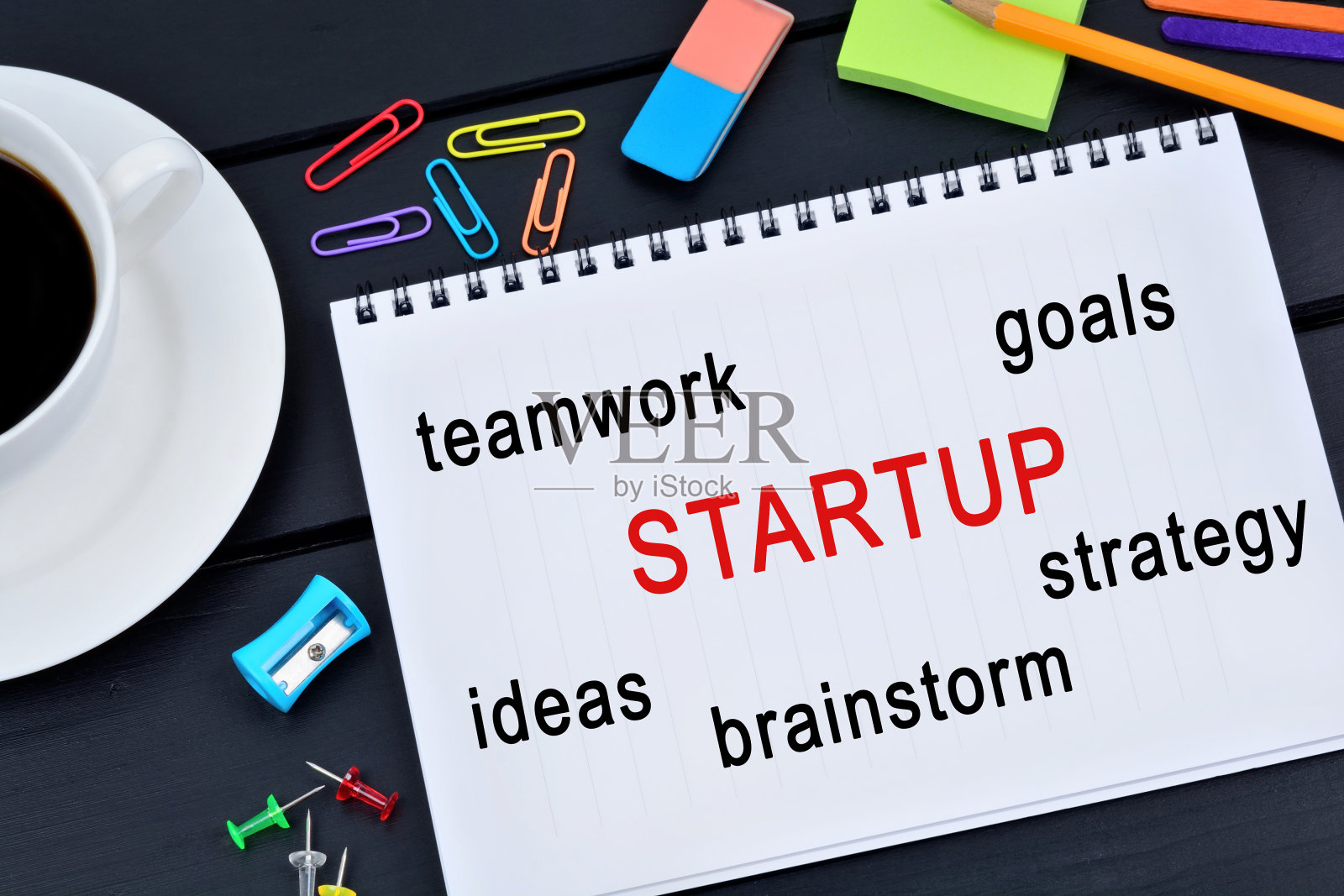 在木桌上的笔记本上写下启动词照片摄影图片