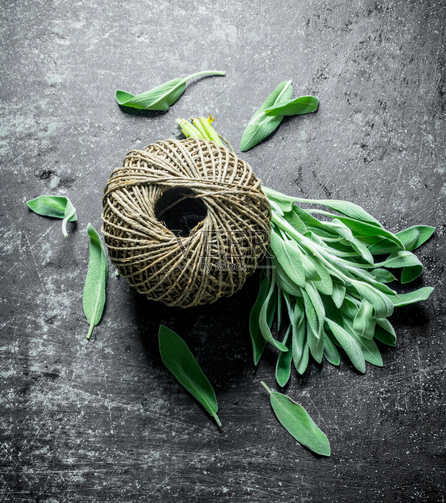 有旧麻绳的鼠尾草。照片摄影图片