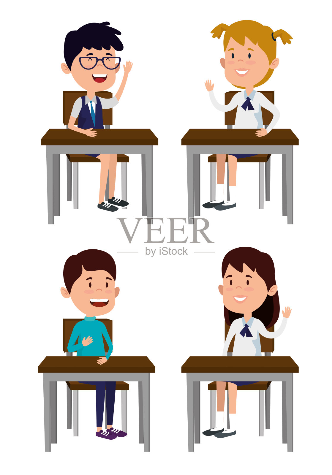 一组男女学生在课桌上插画图片素材