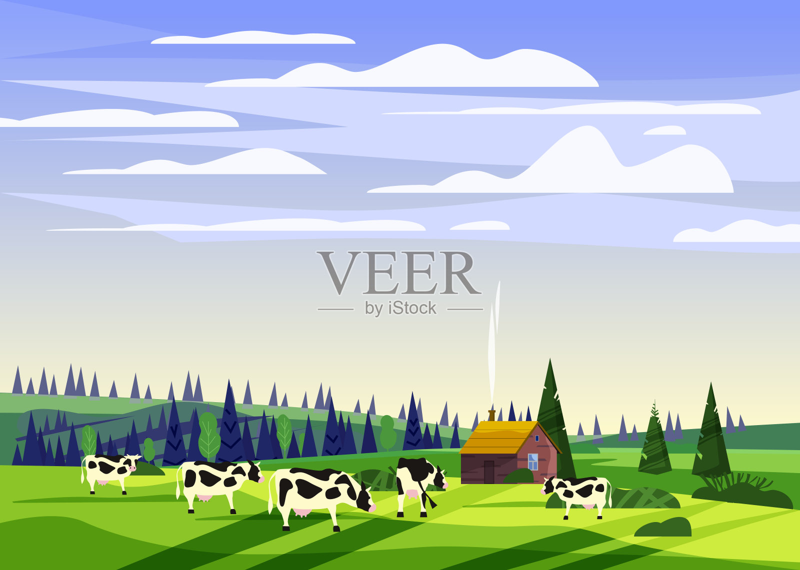 美丽的乡村夏季景观，牛群谷地乡村农舍，绿色的小山，色彩鲜艳的蓝天，草甸与山的全景地平线在时尚的卡通平面风格和明亮的色彩。矢量，插图，孤立，横幅，海报插画图片素材