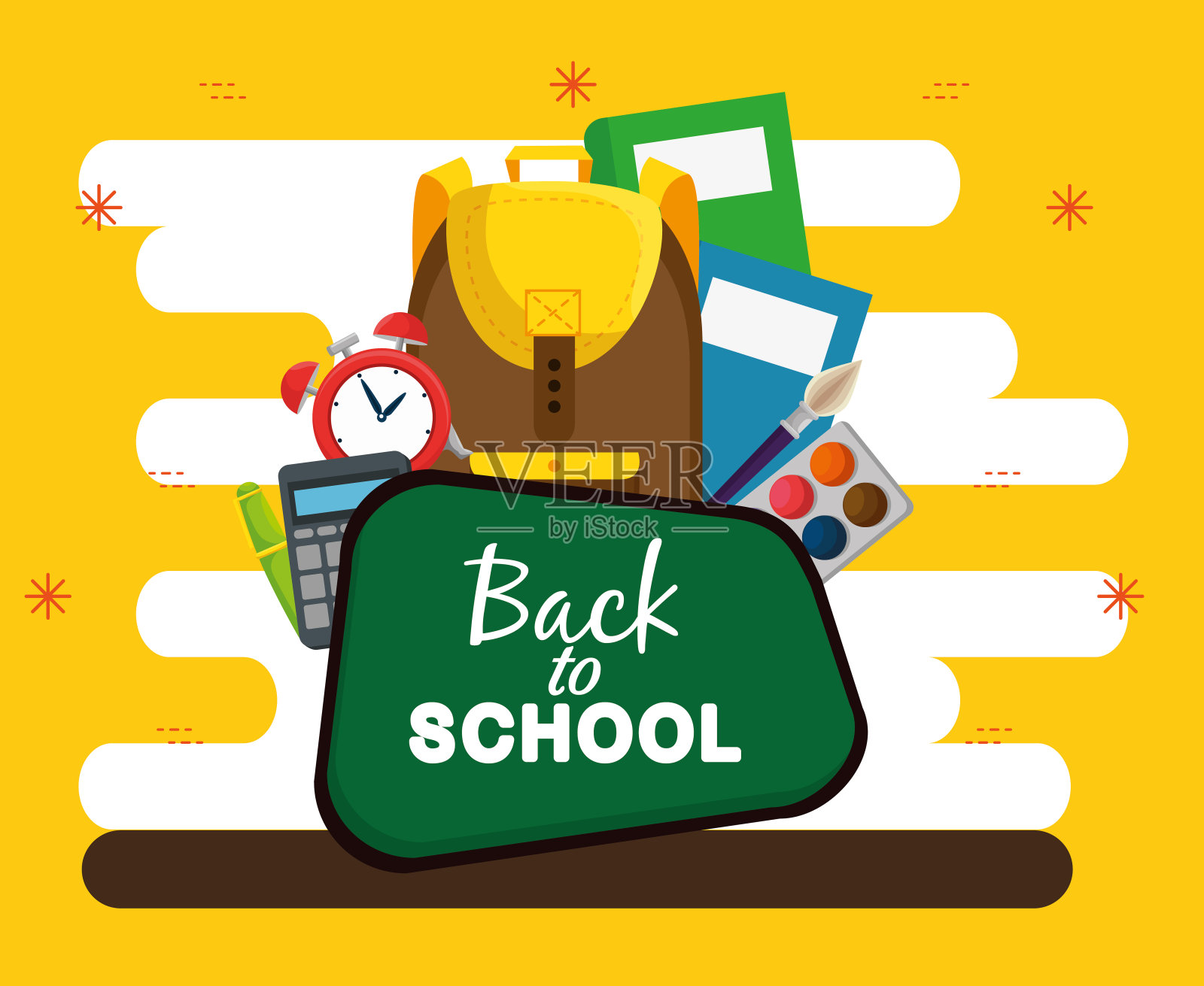 黑板上有书、闹钟和计算器插画图片素材