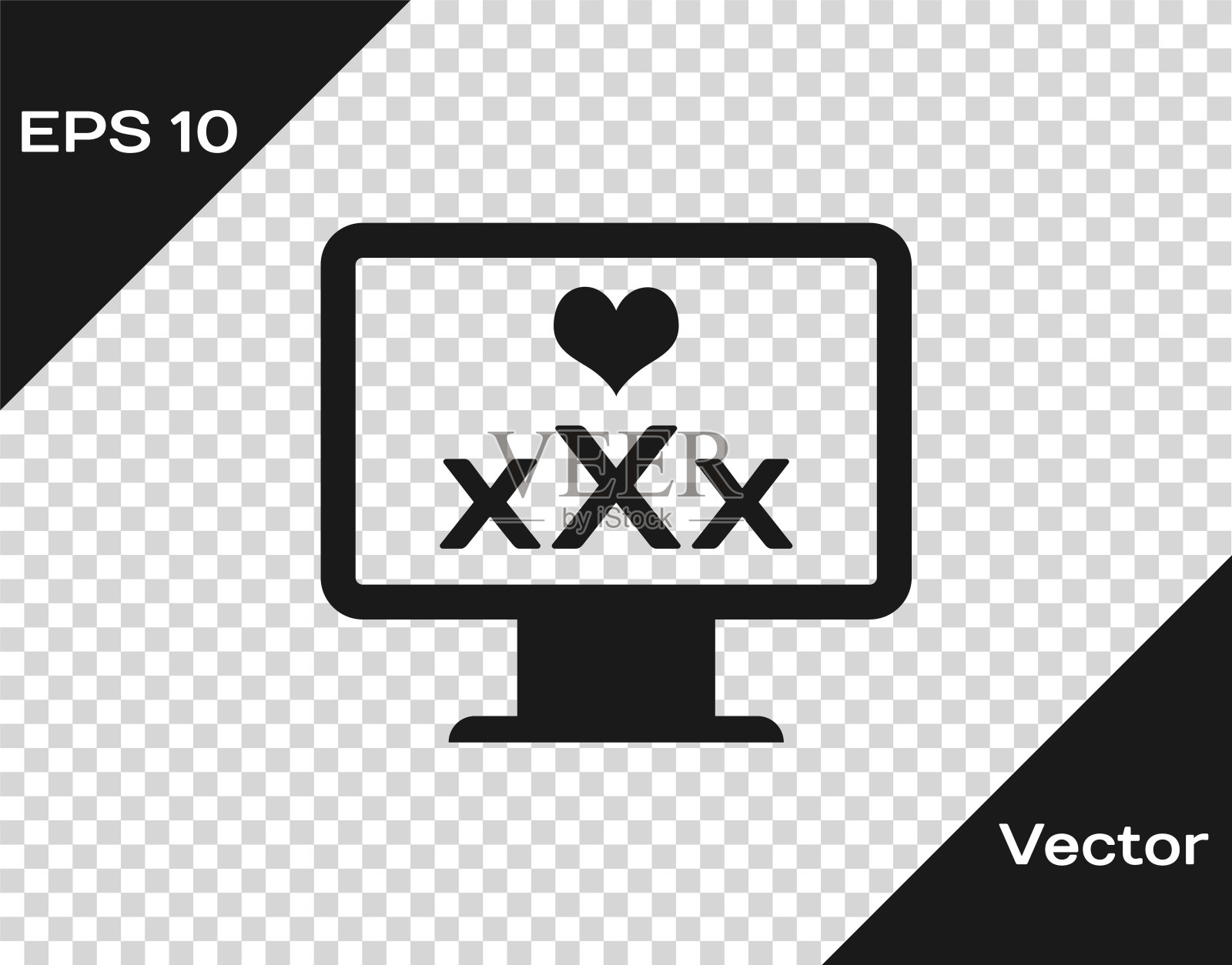 灰色电脑显示器18 +内容心图标孤立在透明的背景。年龄限制的象征。XXX内容的迹象。成人频道。矢量图插画图片素材
