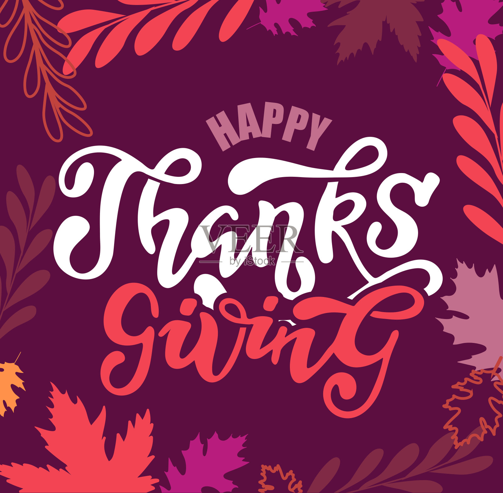 手绘感恩节印刷海报。庆祝引用“感恩节快乐”的纹理背景明信片，秋天的图标，标志或徽章。秋矢古风书法插画图片素材