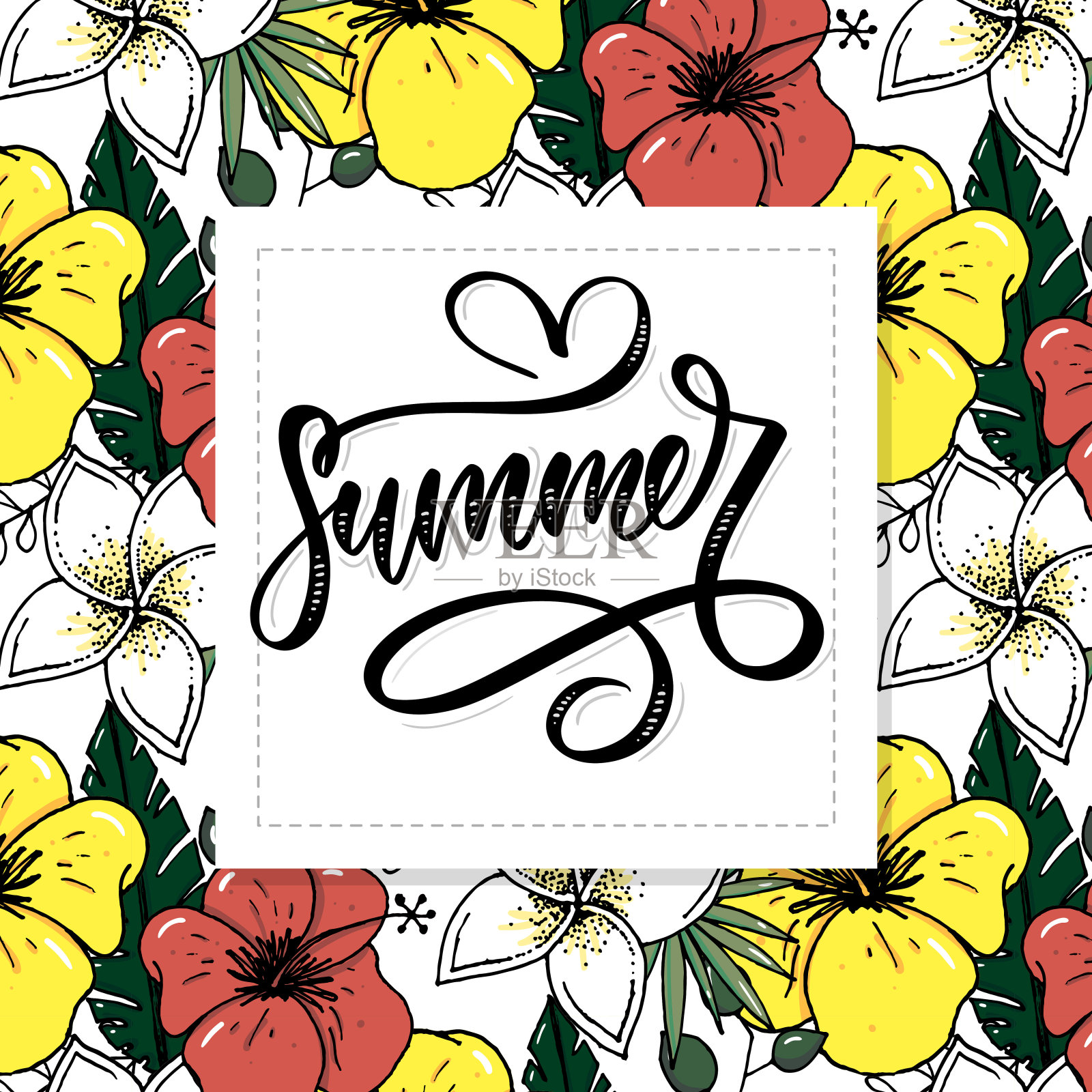 用鲜花和树叶做成的字母夏季促销假日传单横幅海报夏季促销插画图片素材