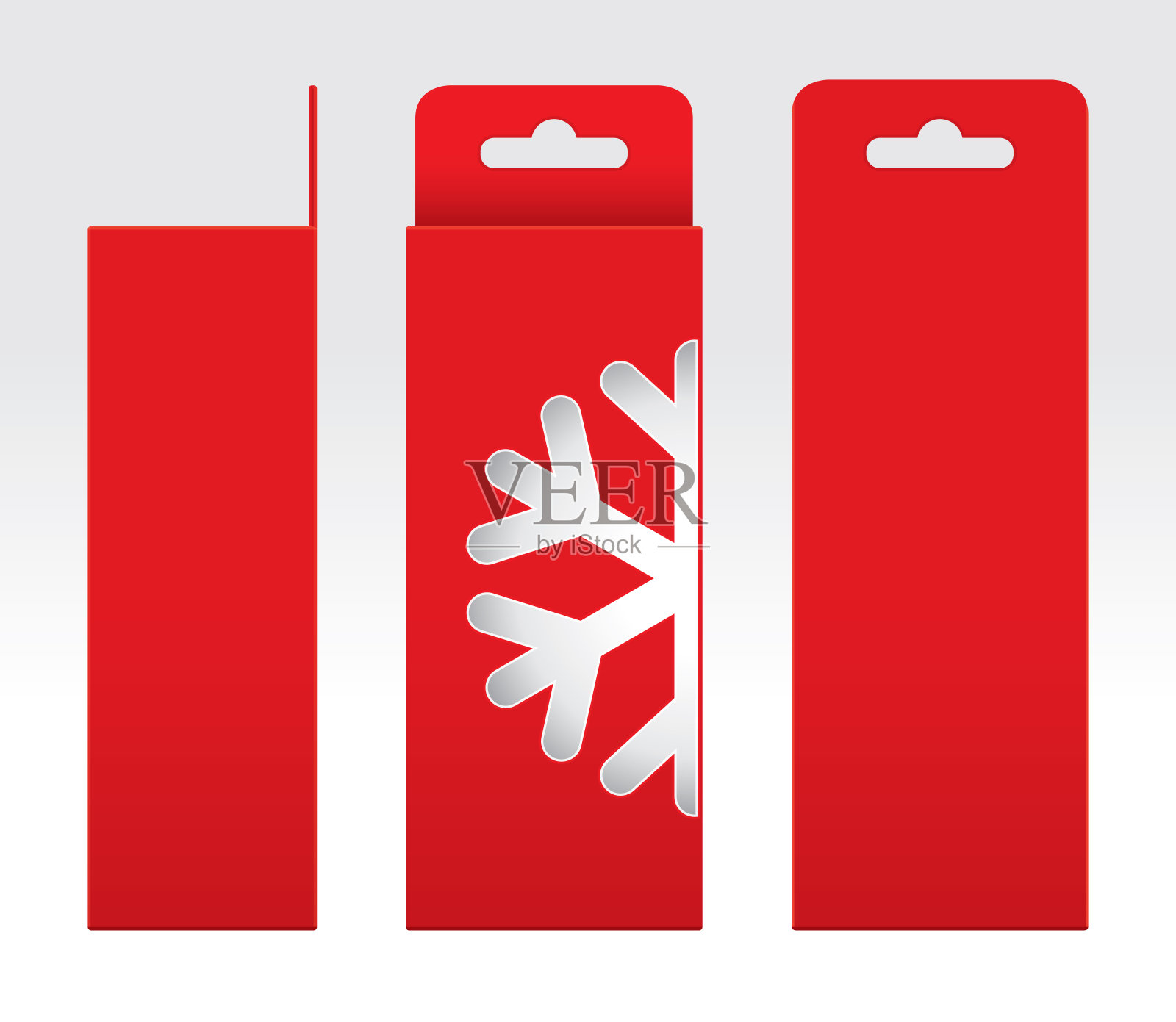 挂红盒窗口雪形剪出包装模板空白，空盒红色纸板，礼盒红色牛皮纸包装纸箱插画图片素材