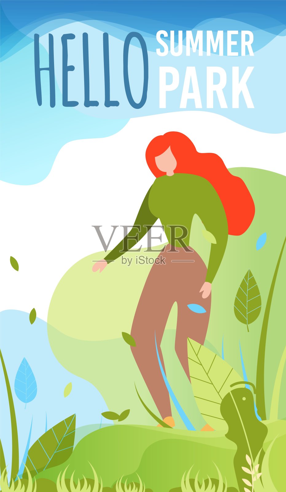 欢迎扁平卡片与卡通女性角色插画图片素材