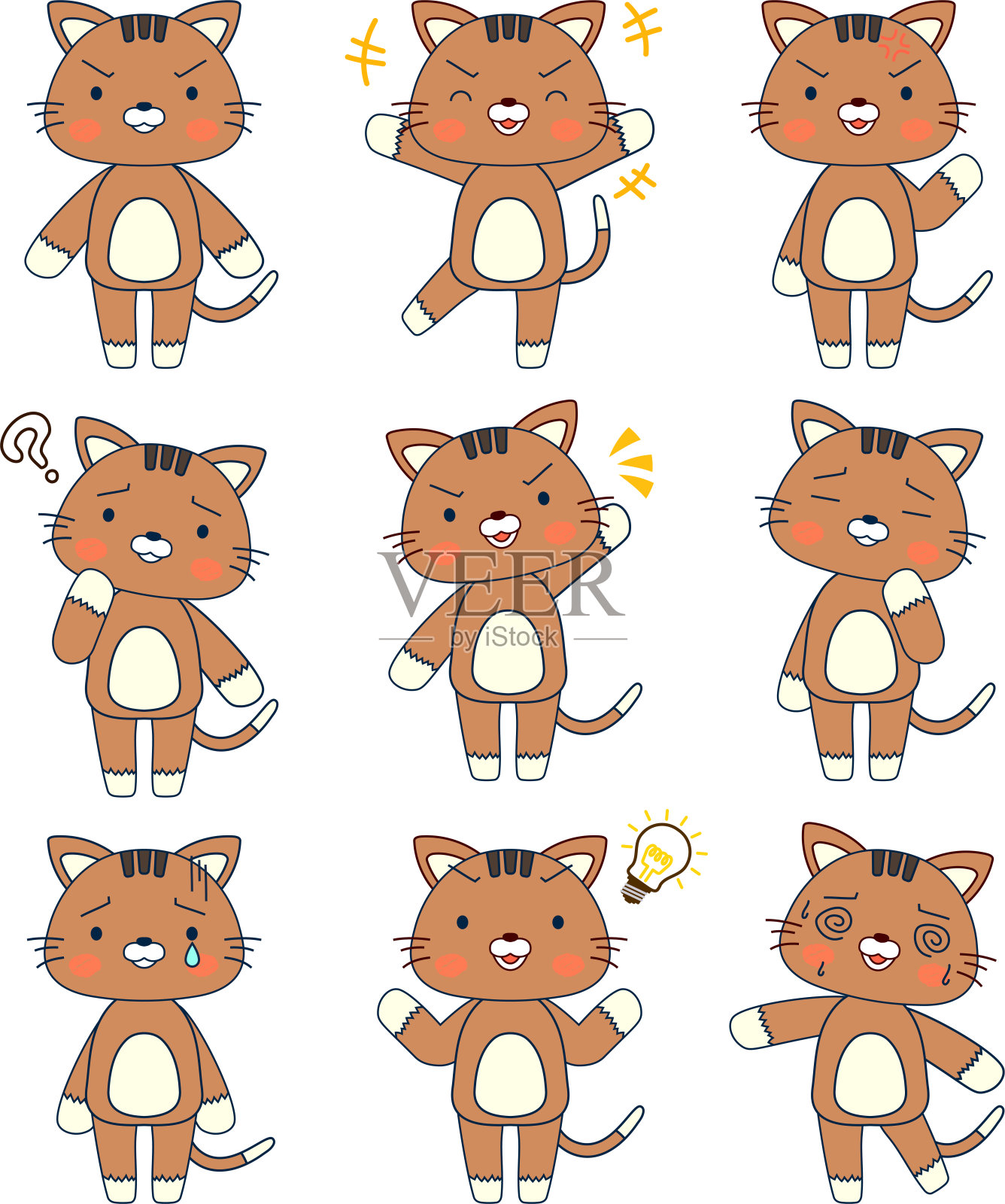 全长插图的可爱的棕色猫字符集插画图片素材