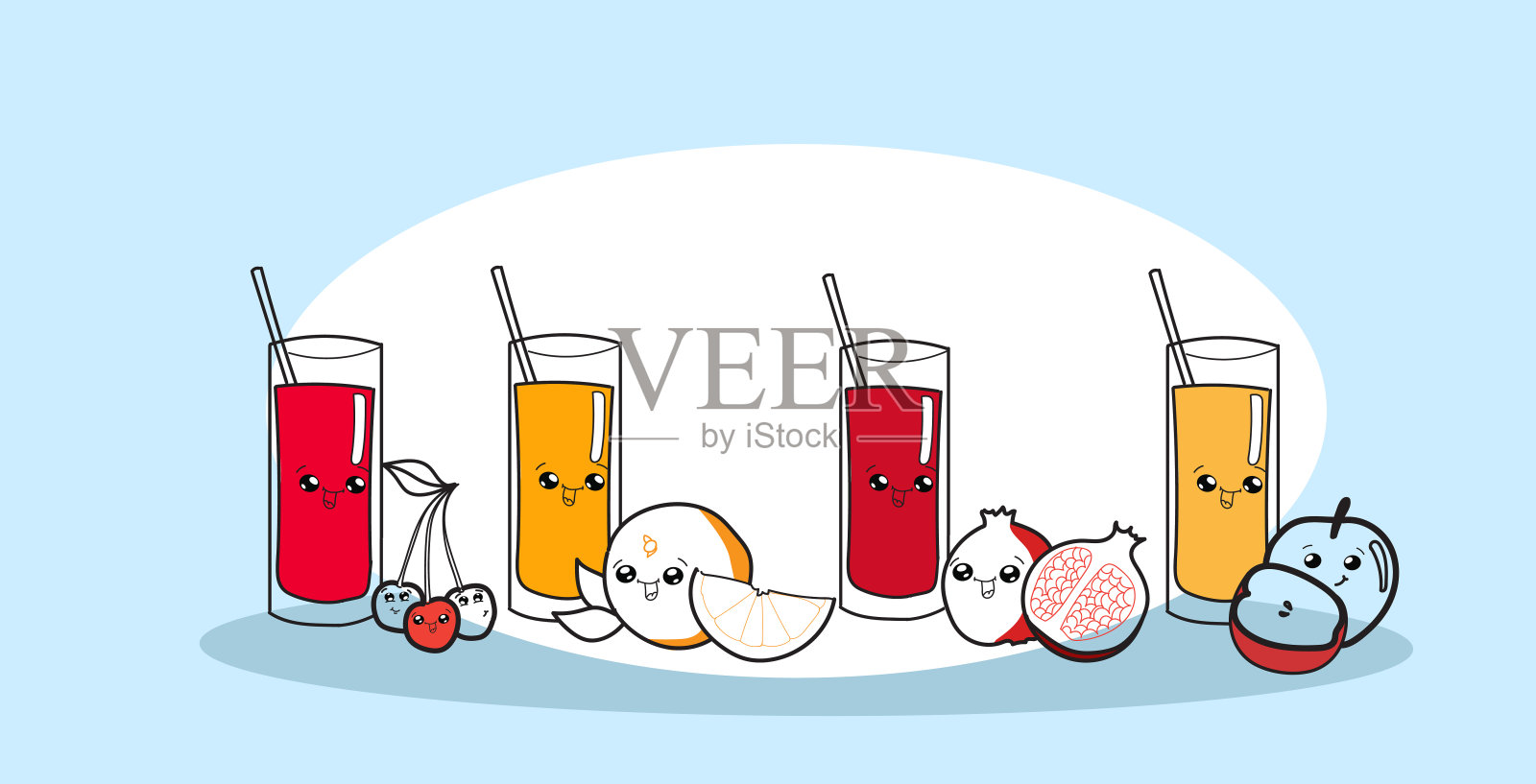 一套不同的果汁玻璃杯与成熟的水果卡通漫画人物笑脸快乐表情卡哇伊手绘风格的新鲜饮料概念水平插画图片素材