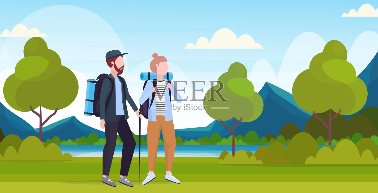 一对游客徒步旅行者与背包和棍棒徒步旅行概念徒步旅行的男人女人旅行者在徒步旅行美丽的河流山脉景观背景全长水平平坦插画图片素材