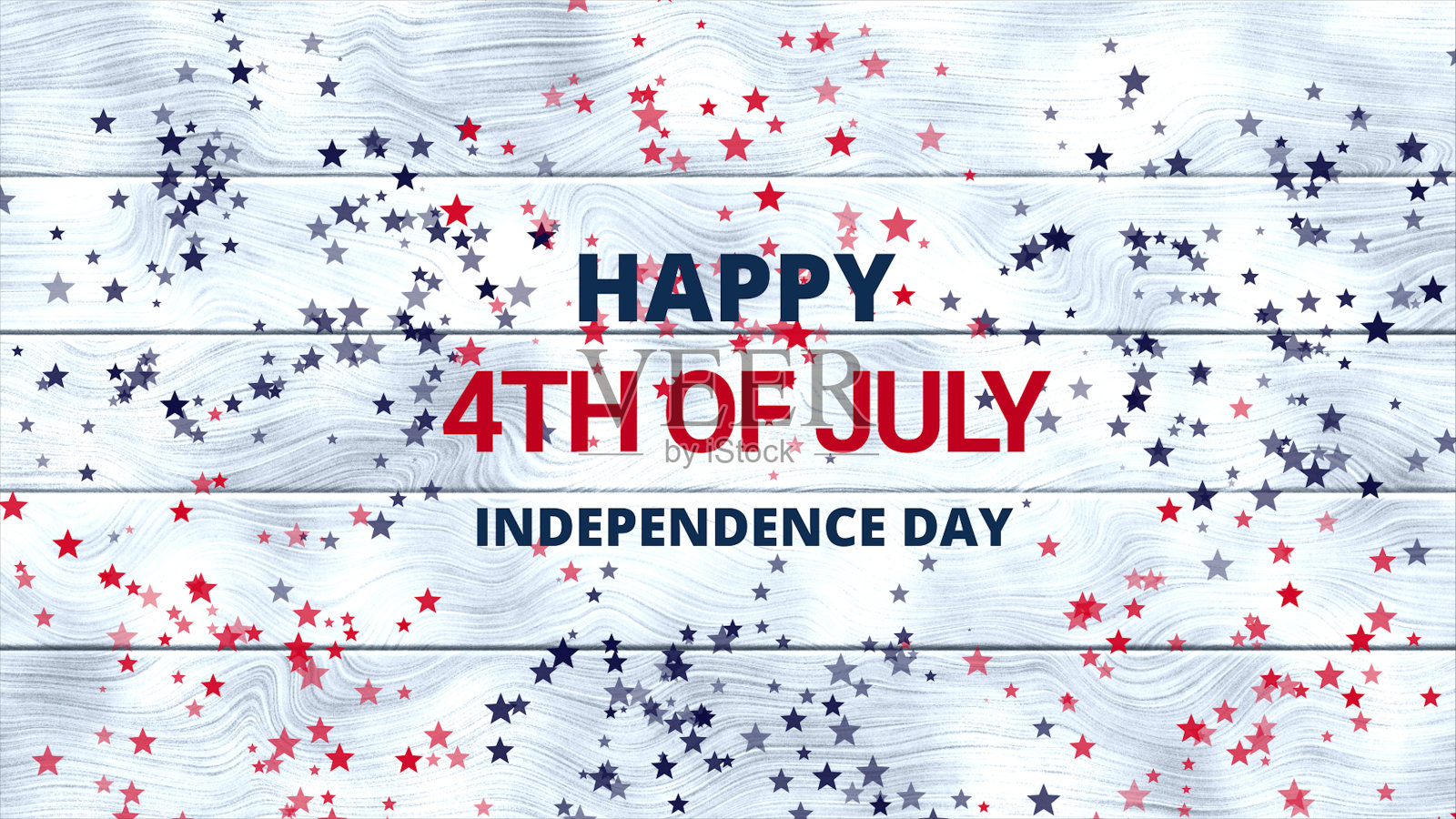 7月4日，美国独立日快乐，白色木质背景上有红色和蓝色的星星和烟花。设计元素海报，横幅，促销，贺卡插画图片素材