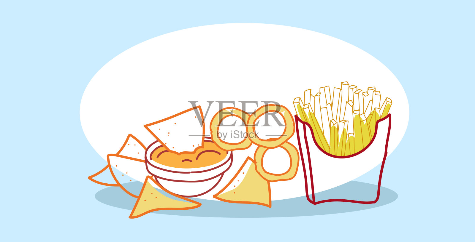 美味的小吃玉米饼薯条在碗薯条纸杯快餐经典的美国快餐手绘素描涂鸦水平插画图片素材
