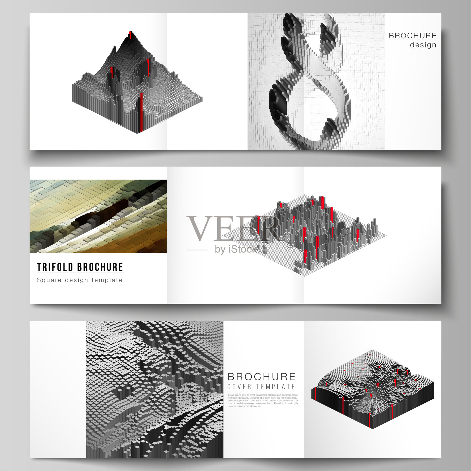 矢量布局的方形格式封面设计模板三倍的小册子，传单，杂志。大数据。动态几何背景。具有运动效果的立方体图案设计。3 d技术风格。插画图片素材