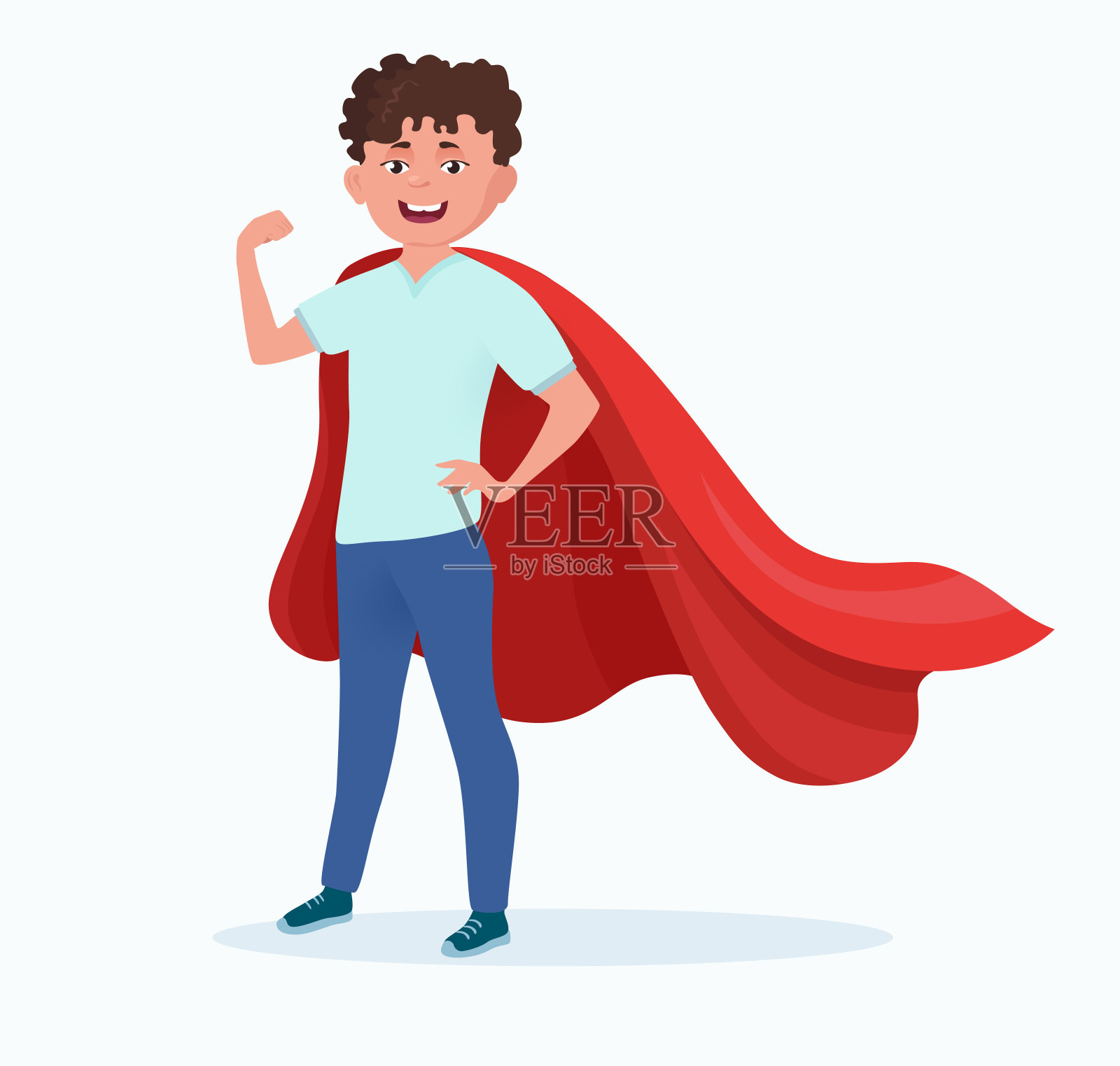 穿红斗篷的男孩拯救世界，超人，英雄。男性角色孤立在白色背景上。插画图片素材