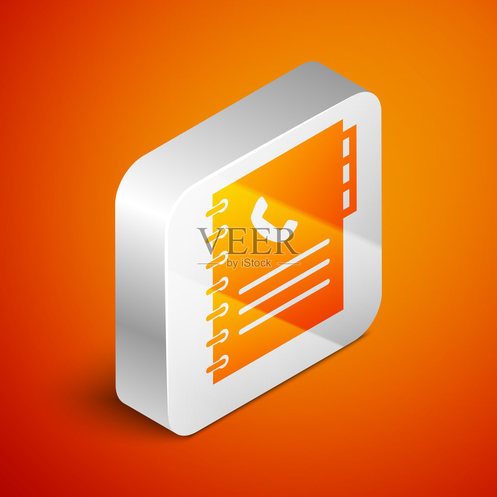 等距电话簿图标孤立在橙色背景。地址簿。电话簿。银广场按钮。矢量图插画图片素材