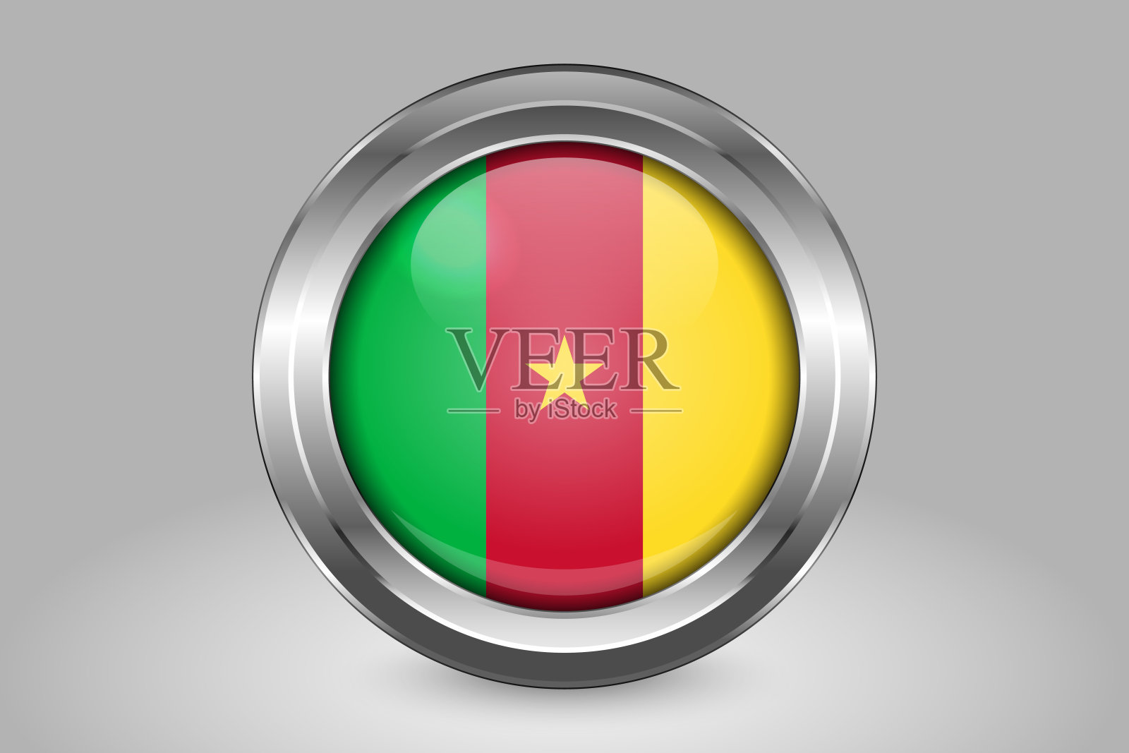 喀麦隆的旗帜。金属和玻璃圆形矢量图标。孤立在灰色插画图片素材