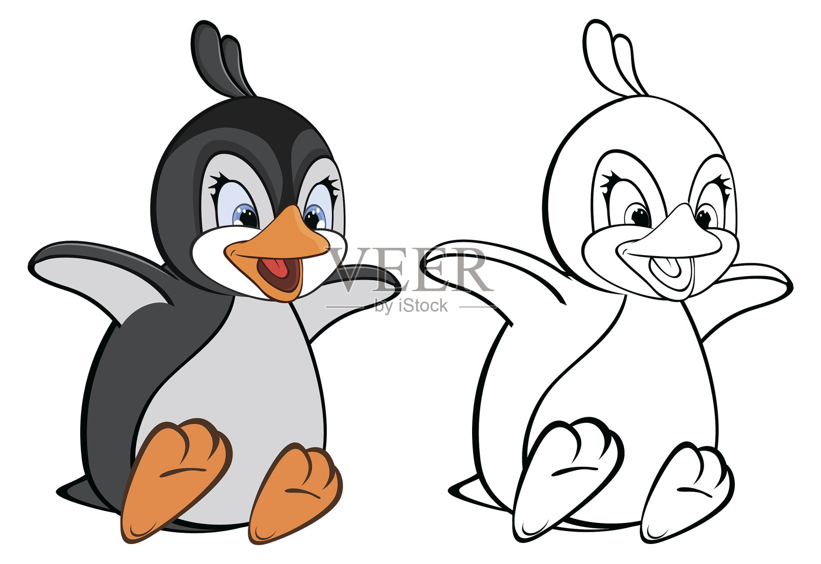 矢量插图的一个可爱的卡通人物企鹅为您设计和电脑游戏。填色书大纲套装插画图片素材