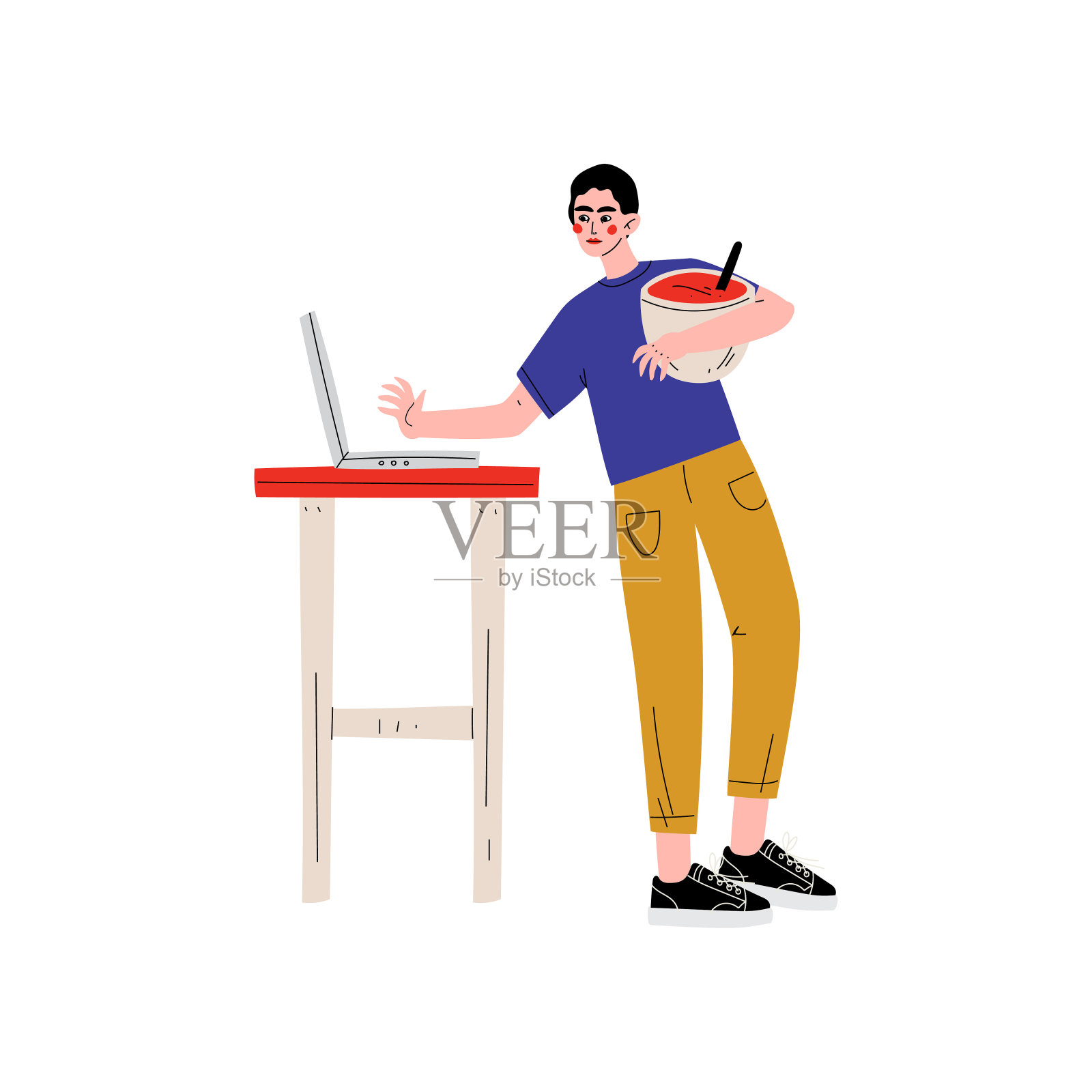年轻人在厨房里用笔记本电脑做矢量图插画图片素材