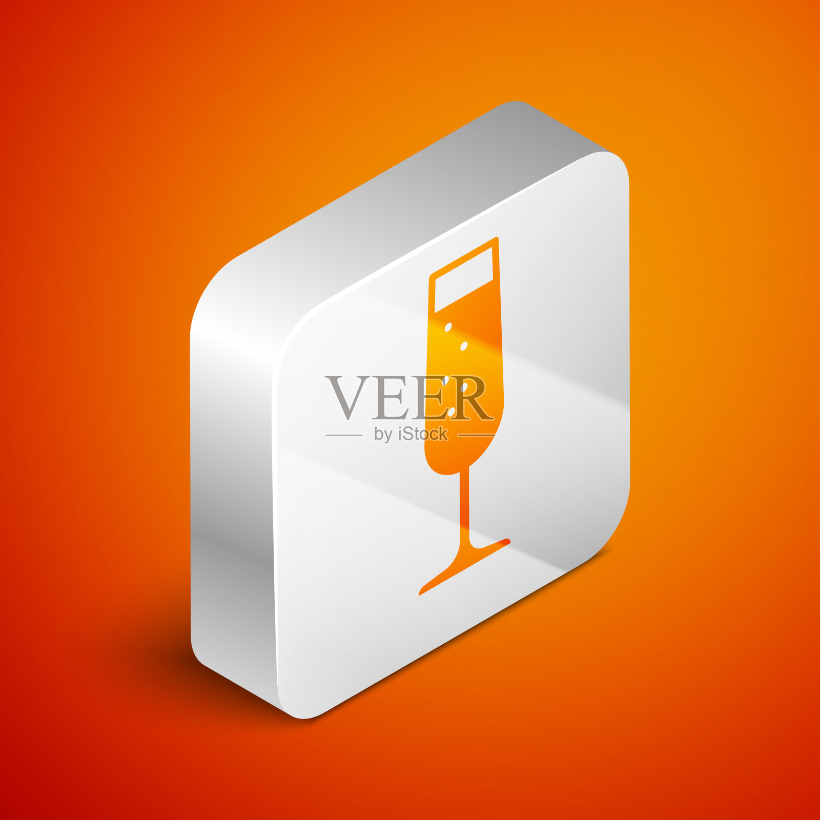 等距玻璃香槟图标孤立在橙色背景。银广场按钮。矢量图插画图片素材