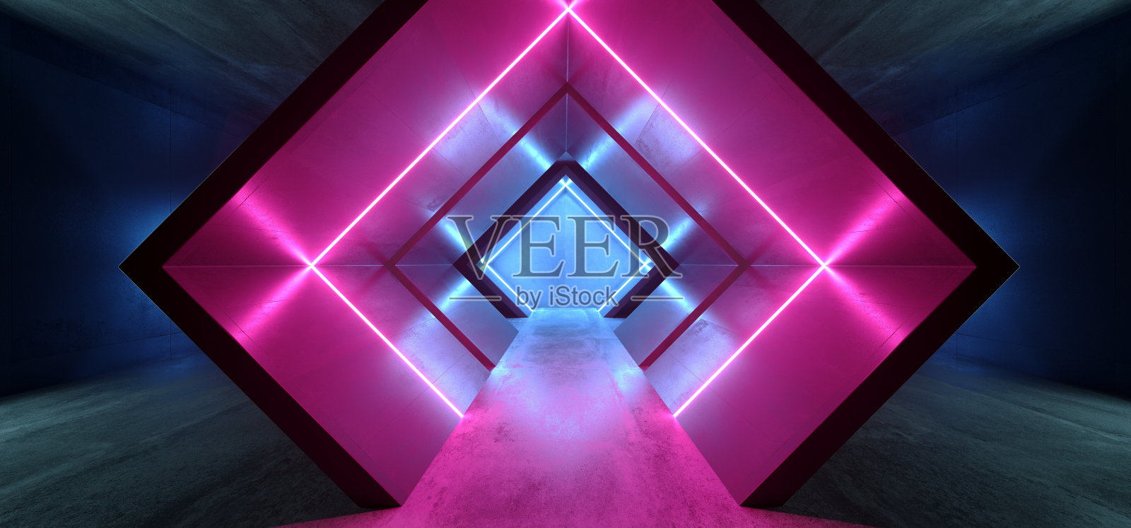 霓虹灯三角形科幻发光紫蓝色形状荧光复古现代优雅的外星飞船黑暗的地下走廊隧道走廊俱乐部空的背景3D渲染照片摄影图片