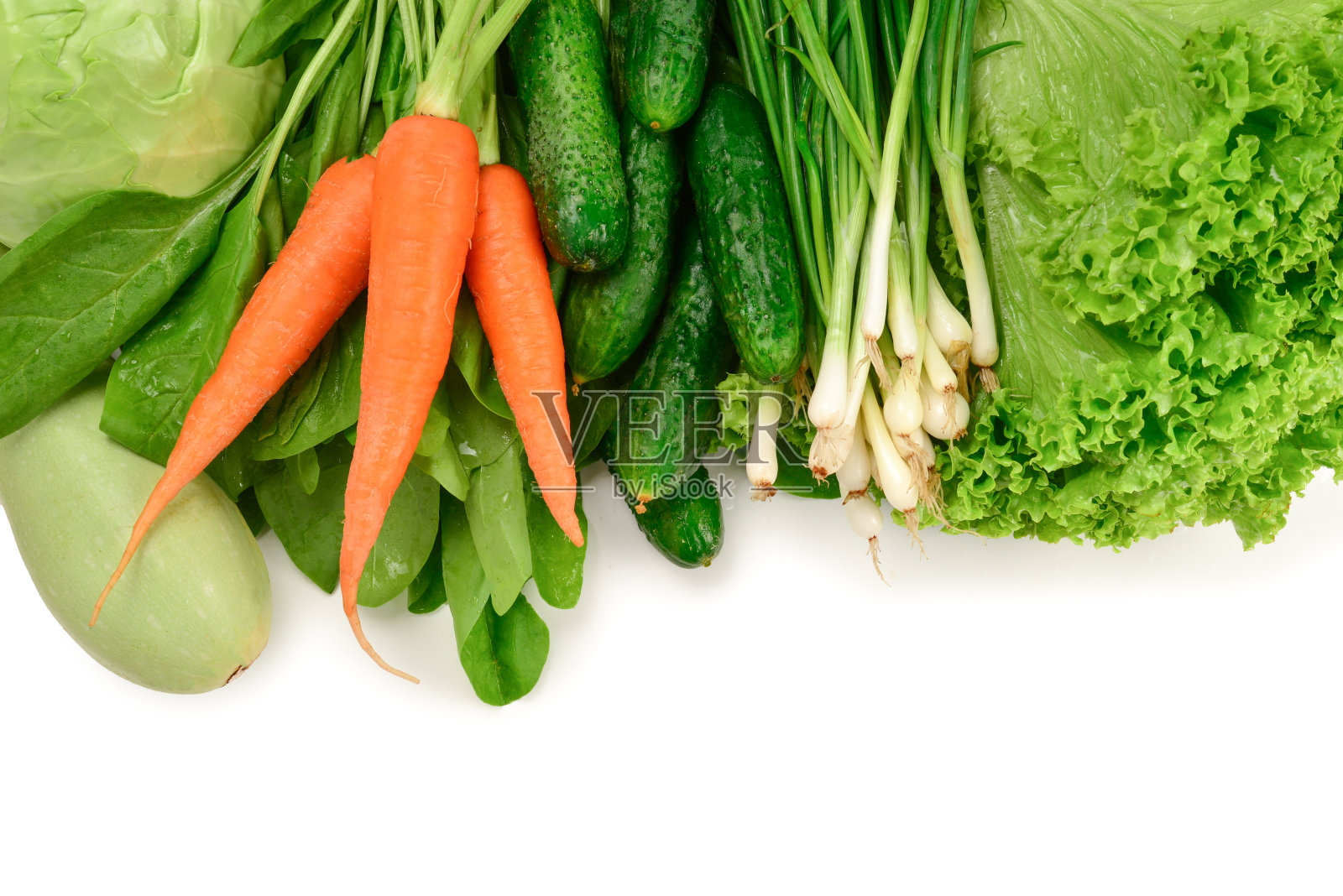 白色背景上分离出的新鲜绿色蔬菜和香草。文字或设计空间。照片摄影图片