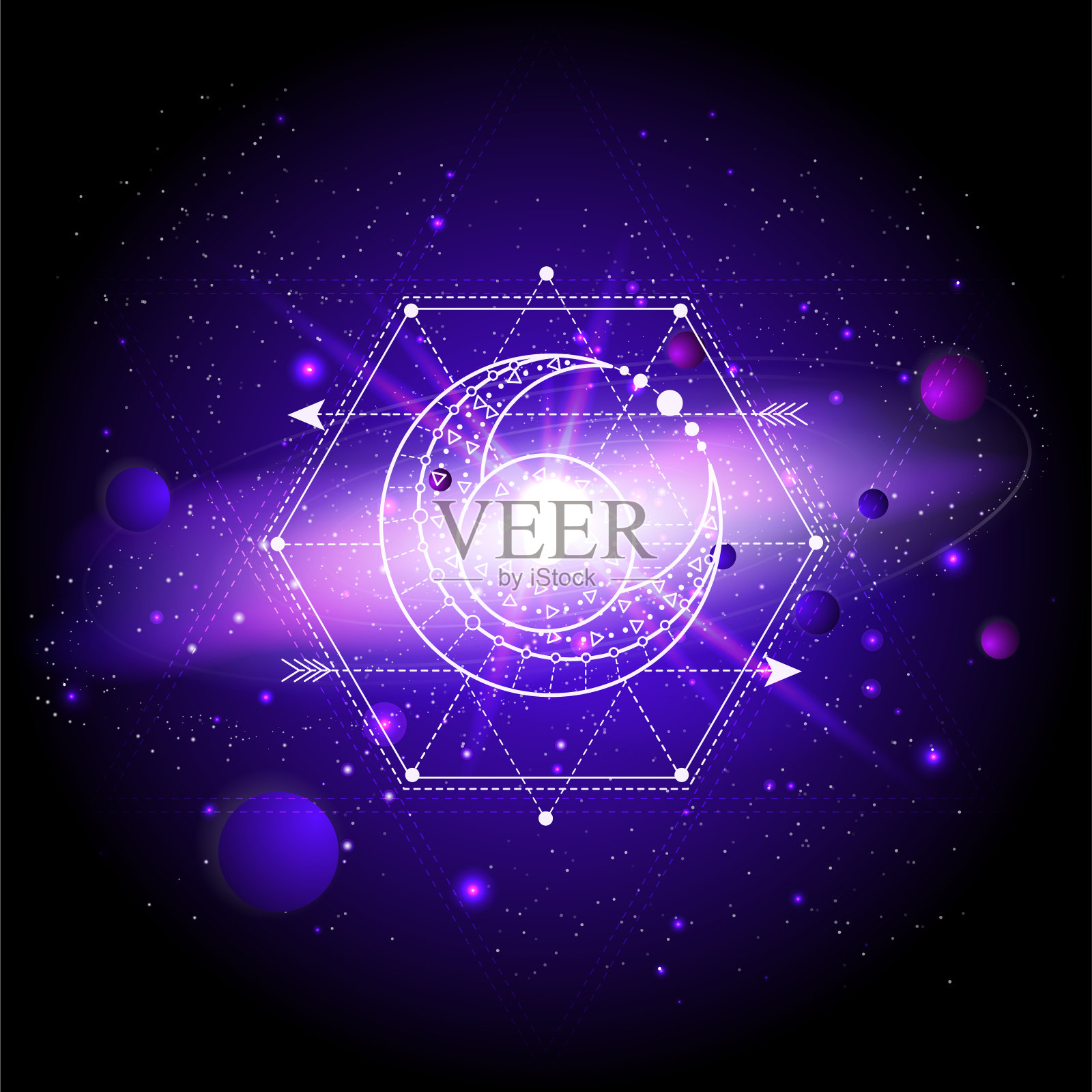 矢量插图的神圣或神秘符号与行星和恒星的空间背景。插画图片素材