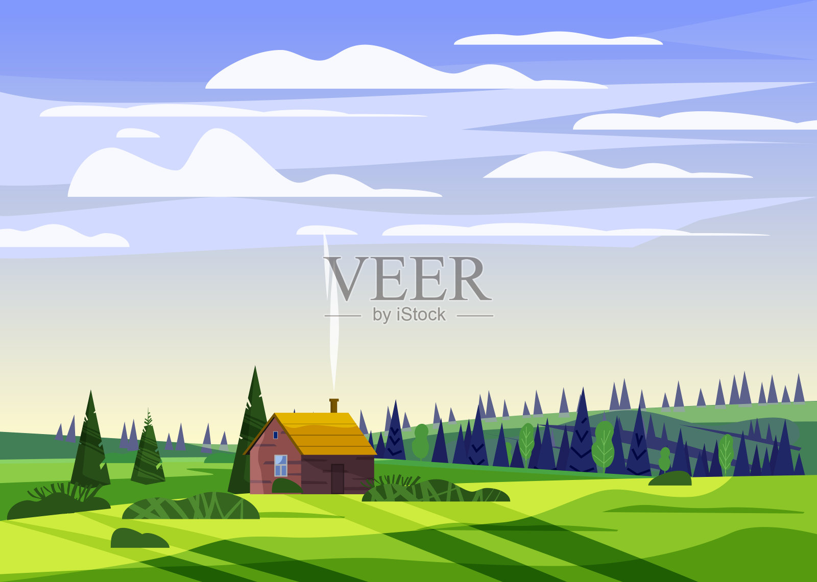 美丽的乡村夏季景观，山谷乡村农舍，绿色的小山，色彩鲜艳的蓝天，草甸与山的全景地平线在时尚的卡通平面风格和明亮的色彩。矢量，插图，孤立，横幅，海报插画图片素材