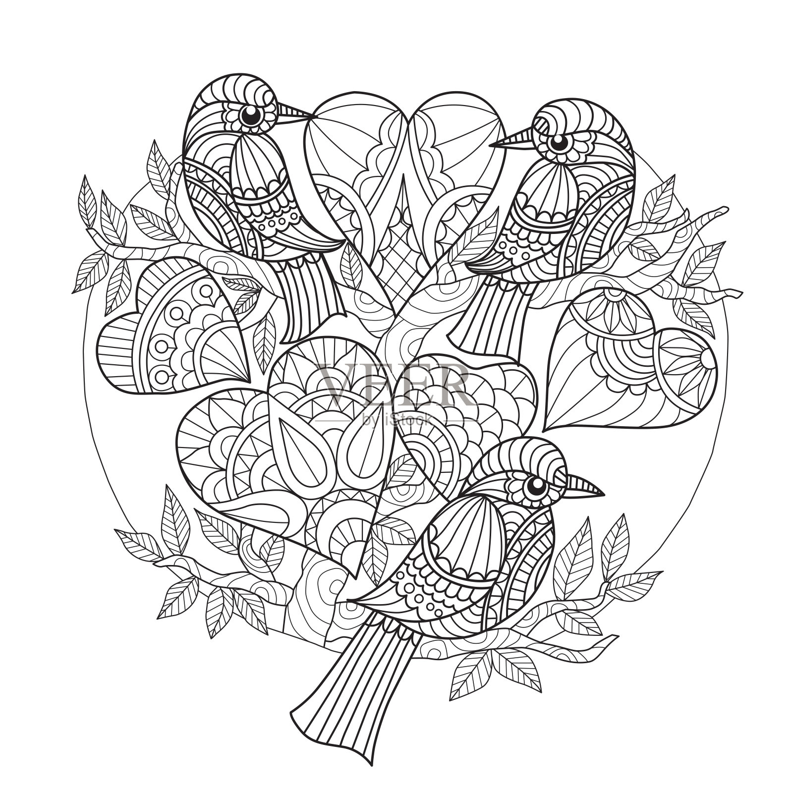 手绘插图的鸟和心在纠结的风格插画图片素材