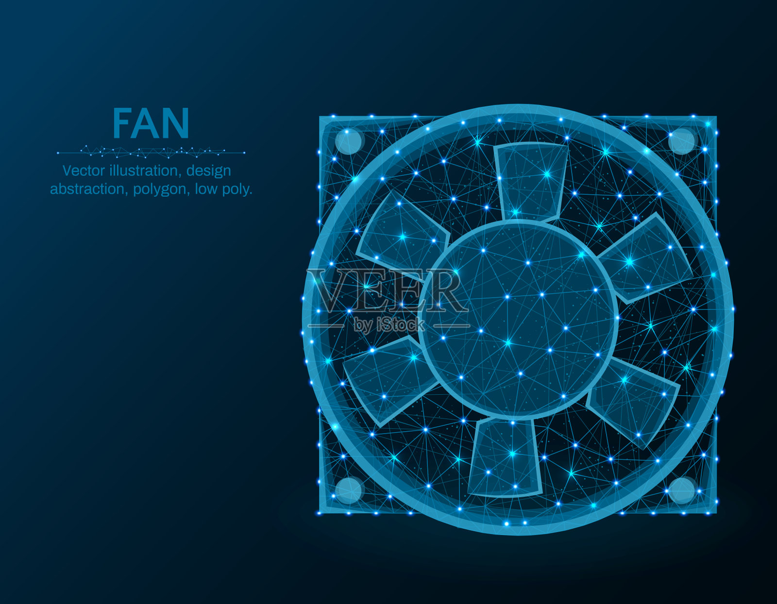 风扇低多边形图形模型，多边形电子设备，冷却系统线框矢量插图，深蓝色背景插画图片素材
