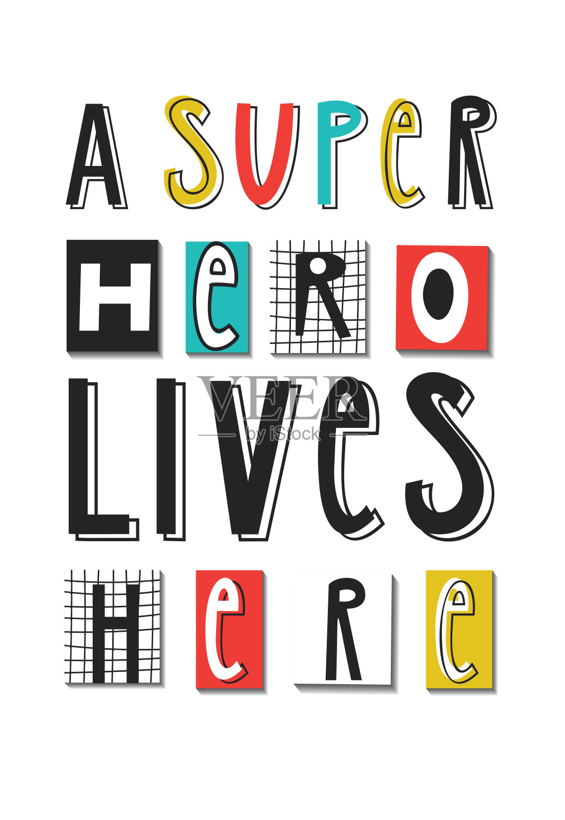 超级英雄-可爱和有趣的儿童托儿所海报与手绘字母。矢量插图。插画图片素材