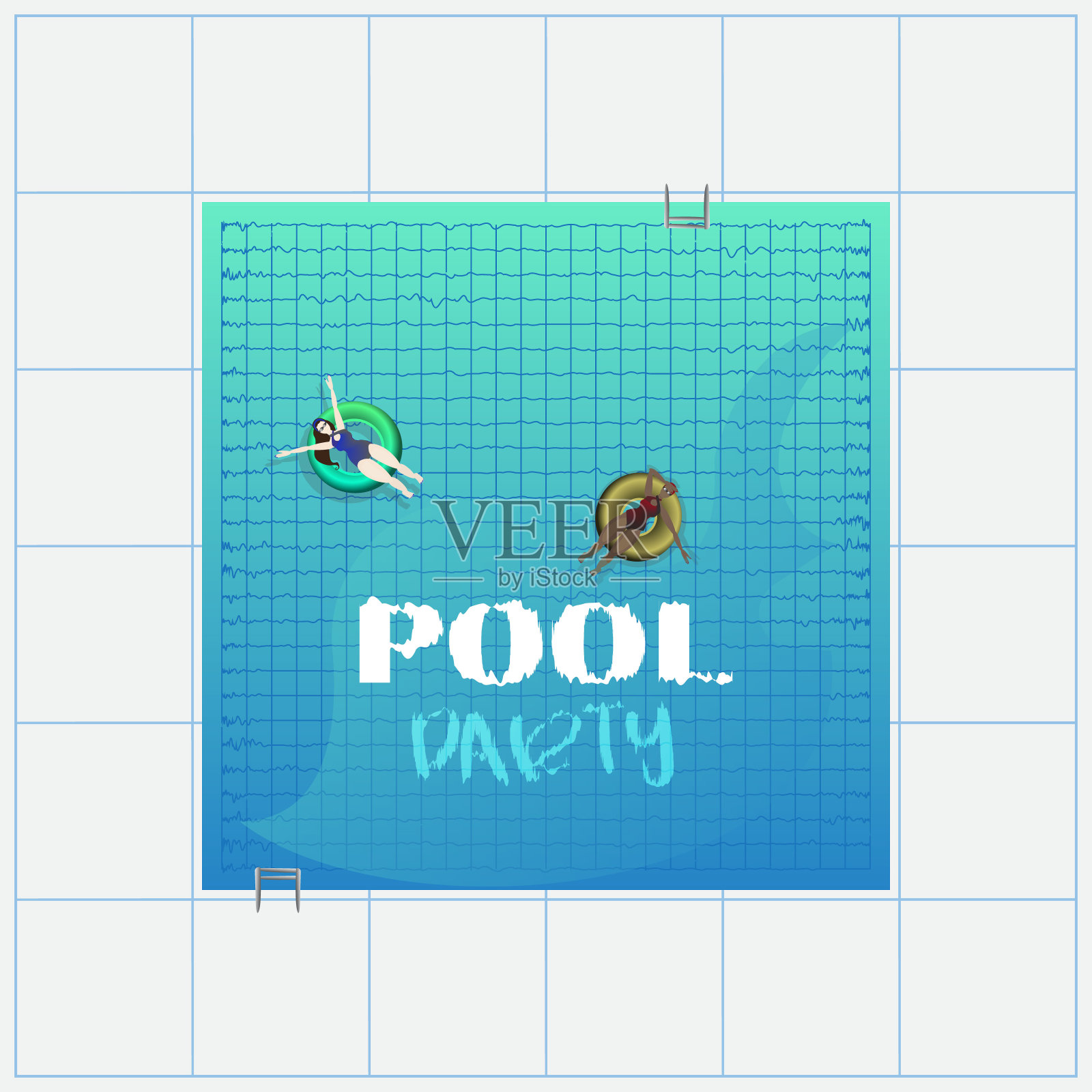 泳池派对，漂浮在水面上的游泳圈和年轻人插画图片素材