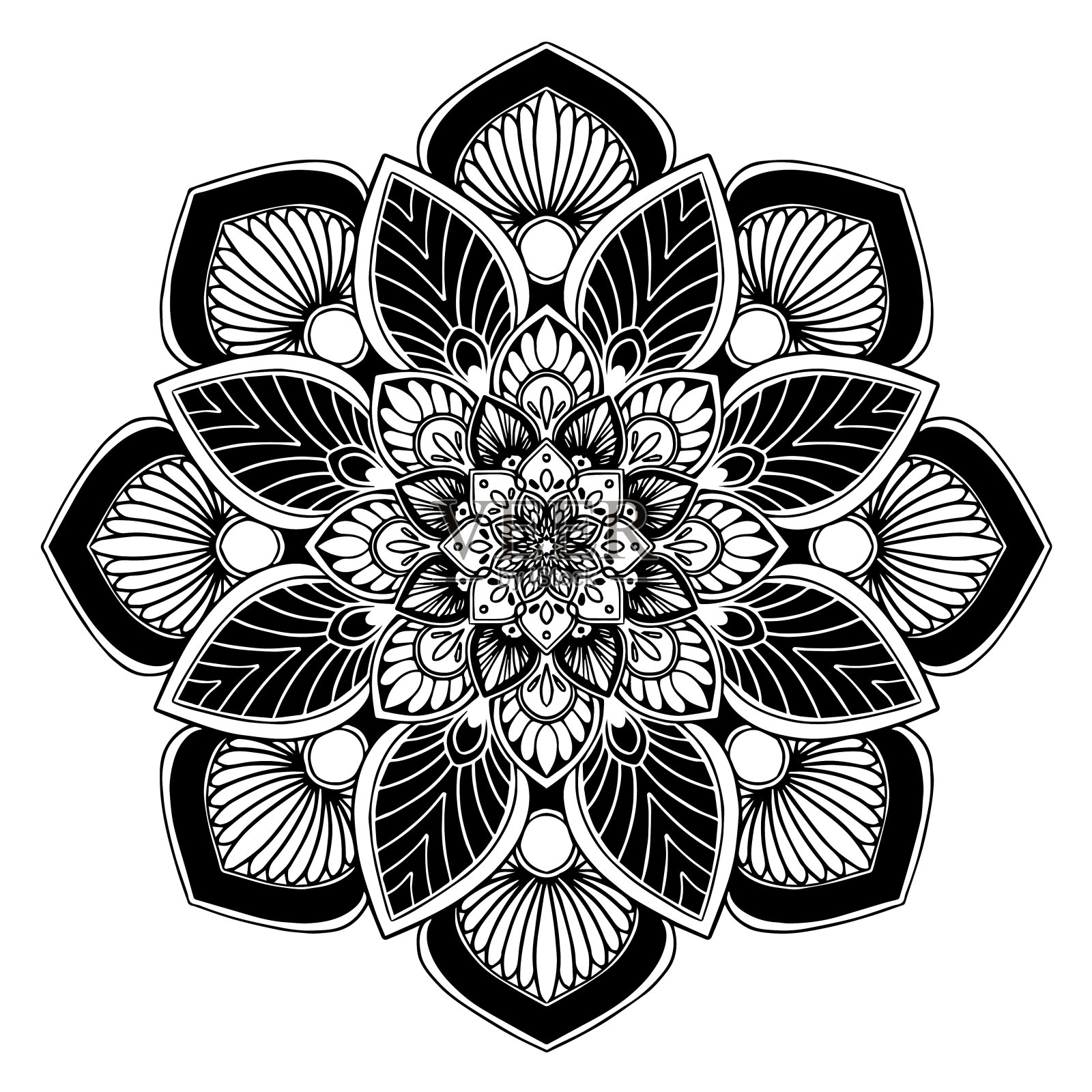 曼荼罗圆涂色书。装饰饰品。不寻常的花的形状。东方向量，抗压力治疗模式。织设计元素。瑜伽标志向量。插画图片素材