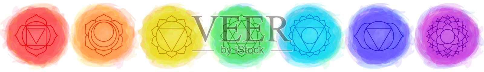 脉轮组:穆拉陀罗，swadhisthana, manipura, anahata, vishudha, ajna，撒哈拉。矢量线的象征。Om符号。烟雾缭绕的圆圈。水彩风格。骶图标。冥想插画图片素材