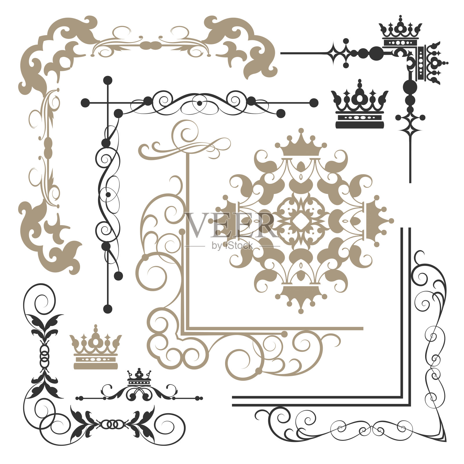 页面装饰复古设计元素：边角装饰、书法漩涡、皇冠、卷轴插画图片素材