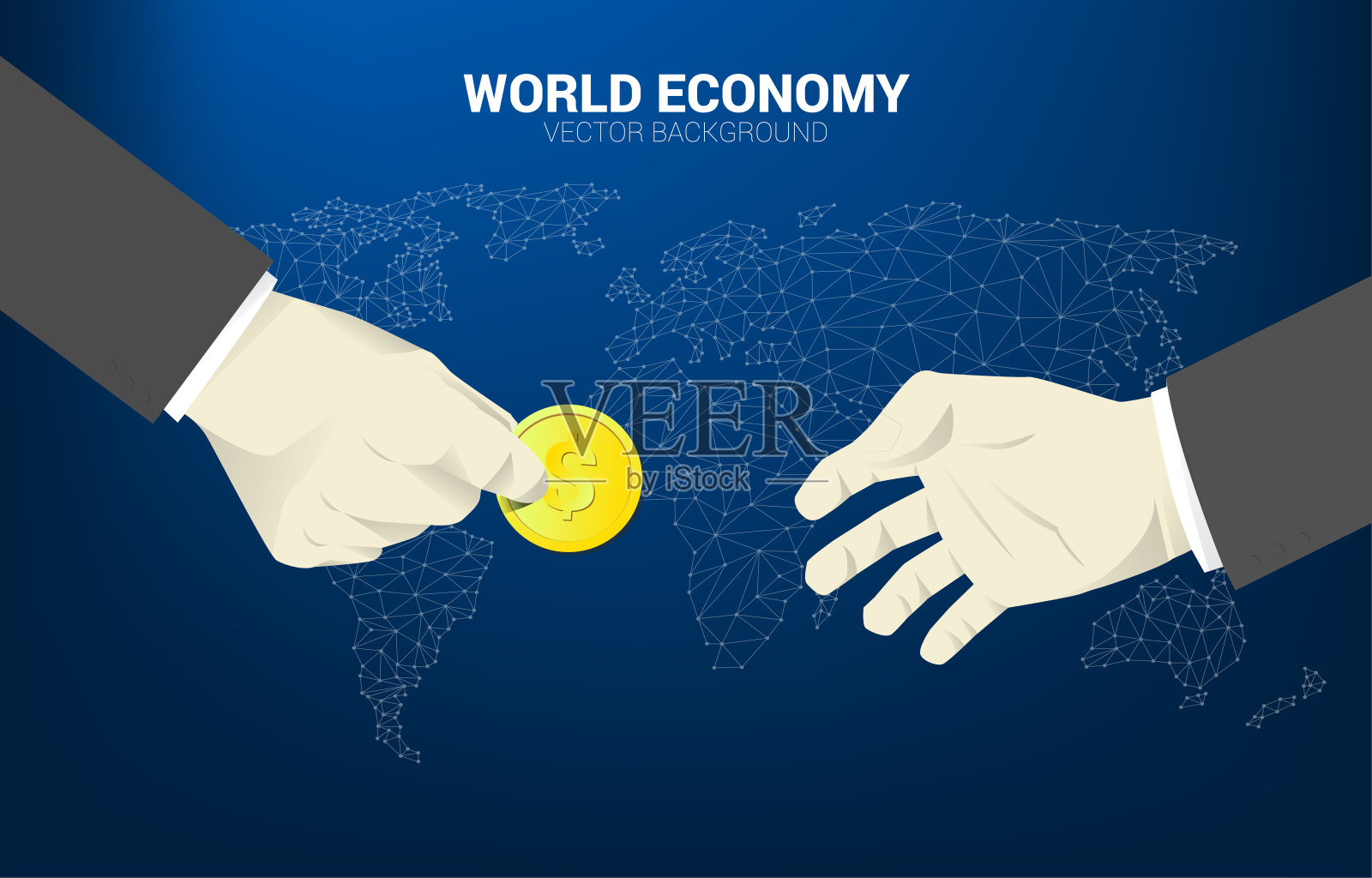 商人以世界地图为背景将钱币交给他人。插画图片素材