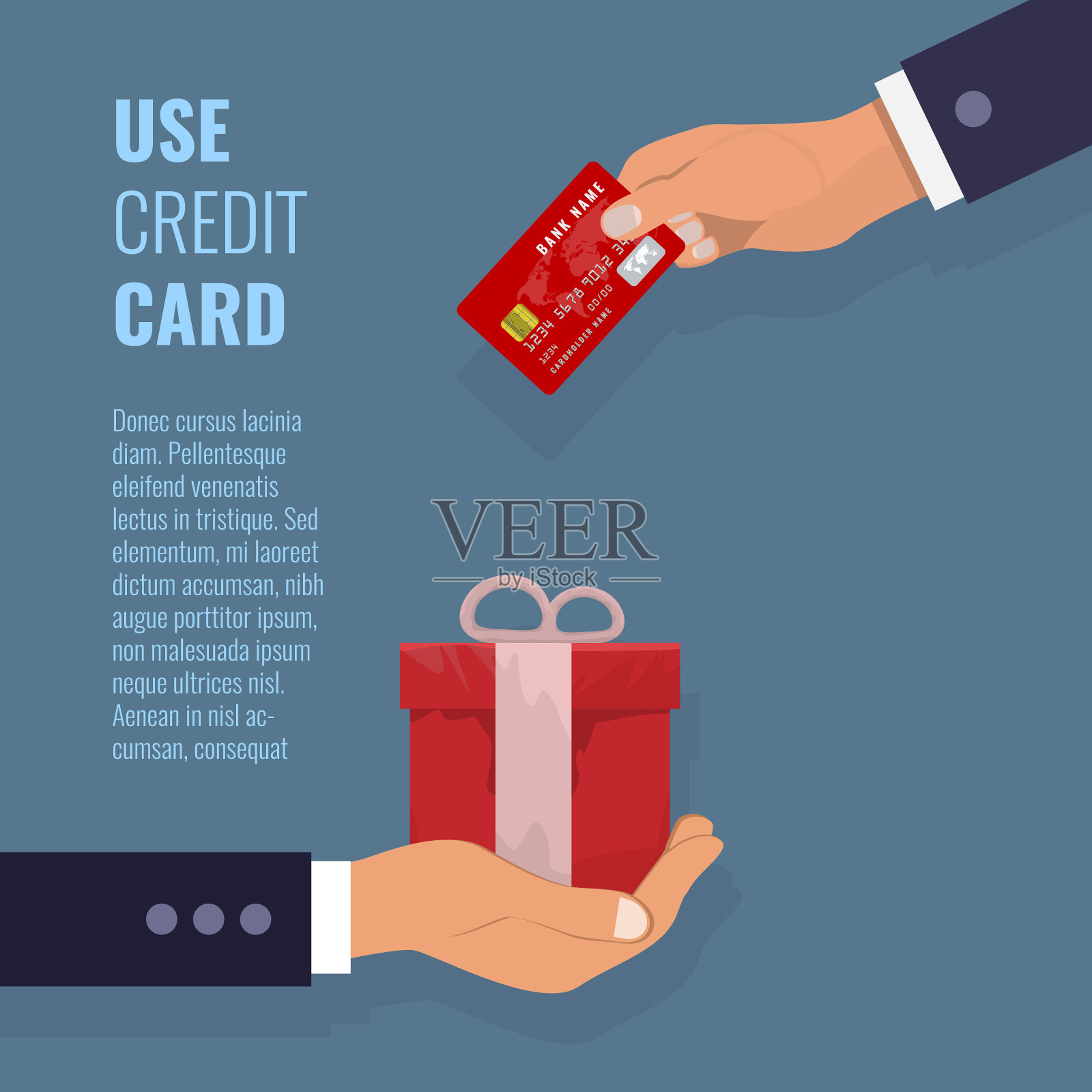 一个商人的一只手正在把银行兑换的钱送给另一只手的礼品盒。平面彩色矢量插图。插画图片素材