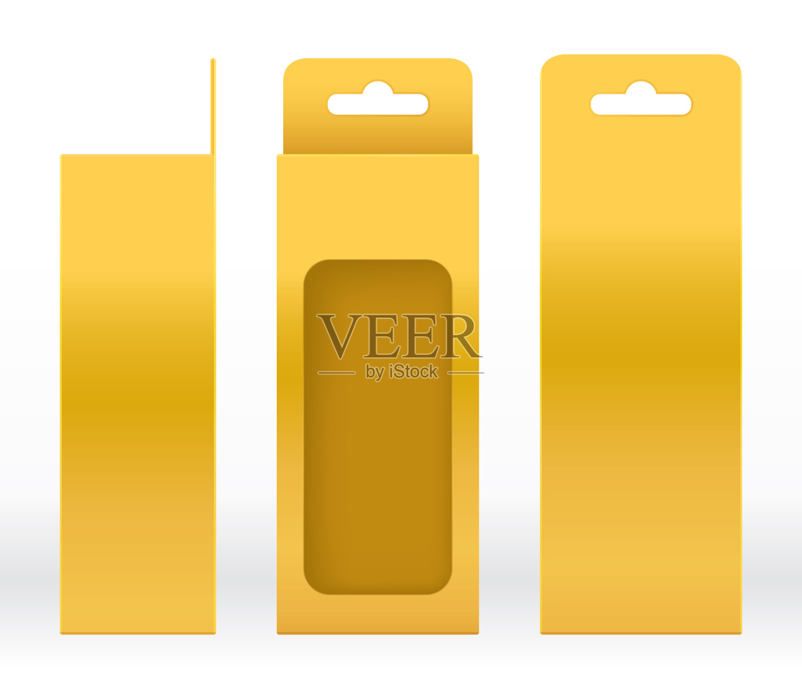 挂箱金窗形状剪出包装模板空白。豪华金模板空盒用于设计产品包装礼品盒，金盒包装用纸牛皮纸硬纸板包装插画图片素材