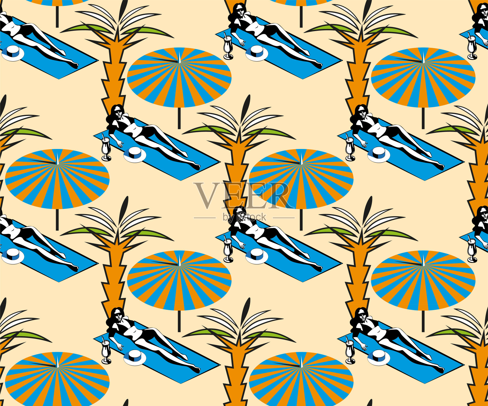 美丽的女人晒黑，戴着太阳镜，帽子，在海滩上，复古的风格。你好，夏天，假日概念。波普艺术。夏天的假期。矢量无缝模式插图插画图片素材