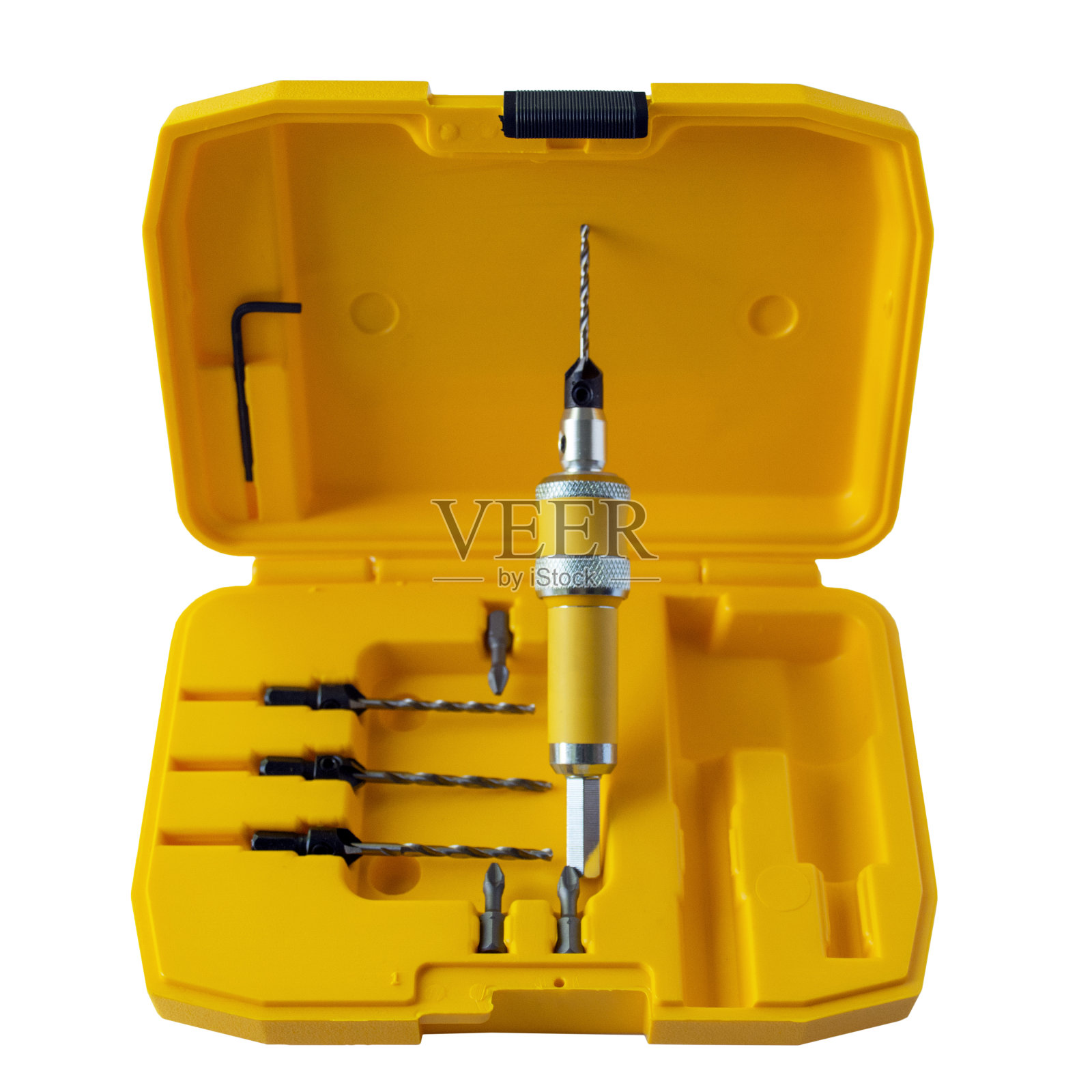 一组沉头由一个用于快速更换钻头的喷嘴和一组可互换的沉头钻头组成。钻螺丝起子。木工。照片摄影图片