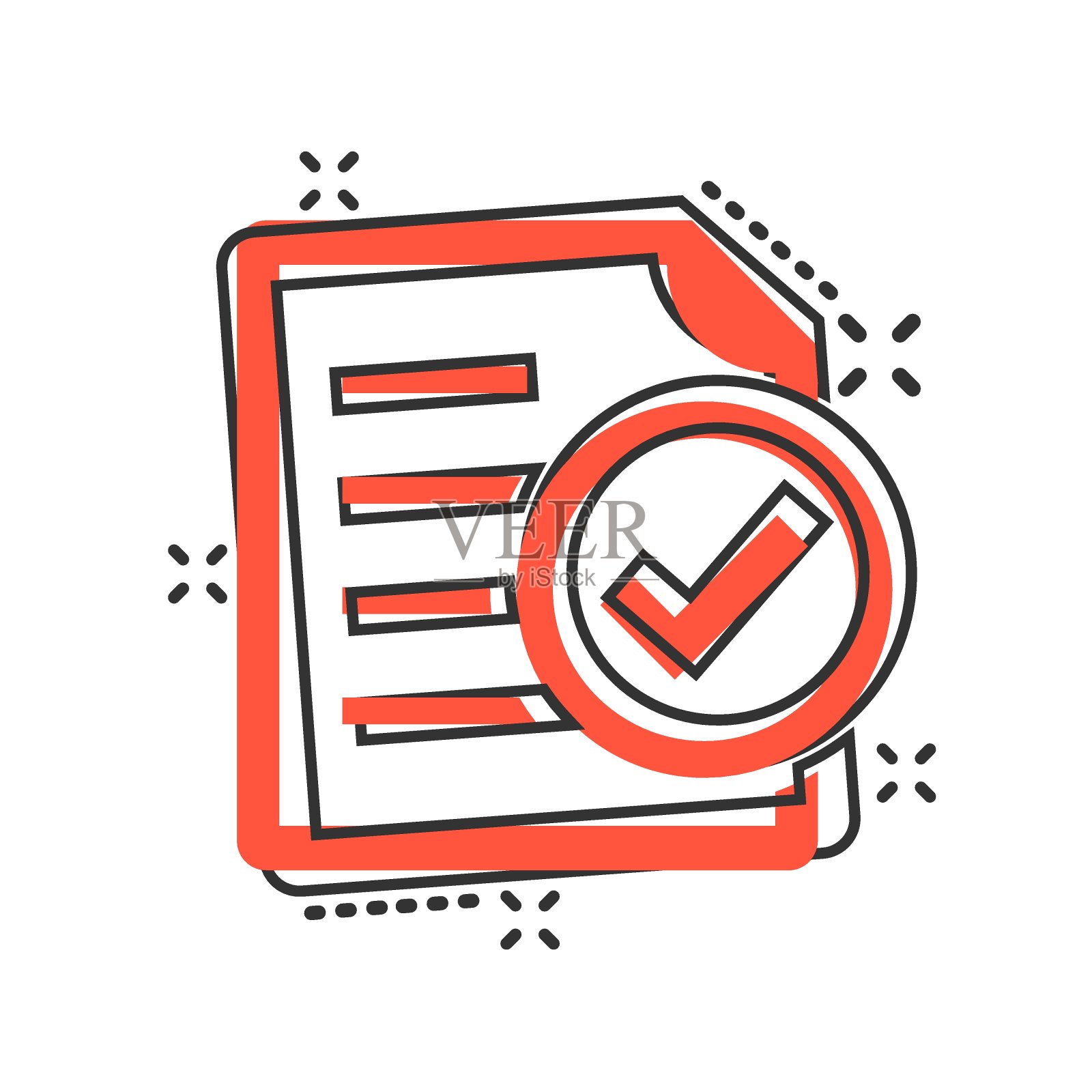 漫画风格的合规文档图标。批准的过程矢量卡通插图在白色孤立的背景。Checkmark企业概念飞溅效果。插画图片素材